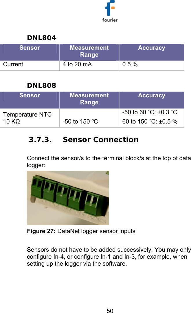   50 DNL804 Sensor  Measurement Range Accuracy Current   4 to 20 mA  0.5 %  DNL808 Sensor  Measurement Range Accuracy Temperature NTC 10 KΩ -50 to 150 &ordm;C -50 to 60 ˚C: &plusmn;0.3 ˚C 60 to 150 ˚C: &plusmn;0.5 % 3.7.3. Sensor Connection Connect the sensor/s to the terminal block/s at the top of data logger:  Figure 27: DataNet logger sensor inputs  Sensors do not have to be added successively. You may only configure In-4, or configure In-1 and In-3, for example, when setting up the logger via the software. 