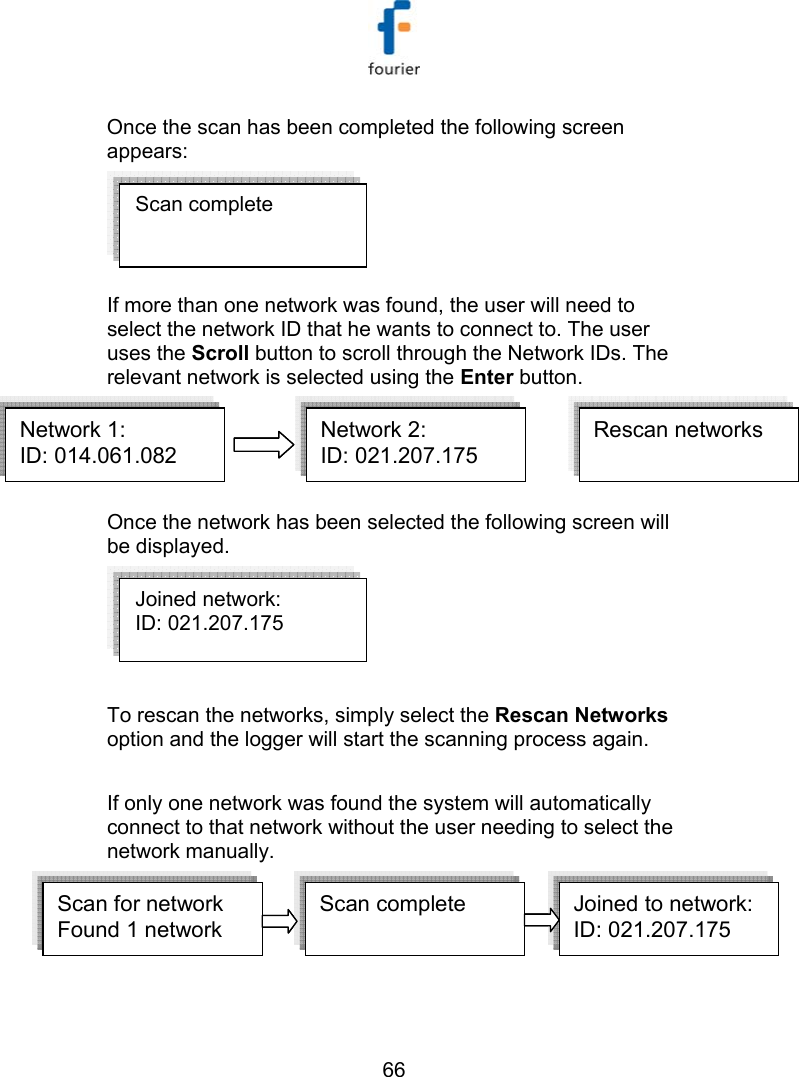   66 Once the scan has been completed the following screen appears:  If more than one network was found, the user will need to select the network ID that he wants to connect to. The user uses the Scroll button to scroll through the Network IDs. The relevant network is selected using the Enter button.  Network 1:ID: 014.061.082  Network 2:ID: 021.207.175  Network 1:ID: 014.061.082  Network 2:ID: 021.207.175  Rescan networks Once the network has been selected the following screen will be displayed.   To rescan the networks, simply select the Rescan Networks option and the logger will start the scanning process again.  If only one network was found the system will automatically connect to that network without the user needing to select the network manually. Scan for network Found 1 networkScan complete   Joined to network:ID: 021.207.175  Scan for network Found 1 networkScan complete   Joined to network:ID: 021.207.175  Scan for network Found 1 networkScan complete   Joined to network:ID: 021.207.175   Scan complete    Joined network: ID: 021.207.175   