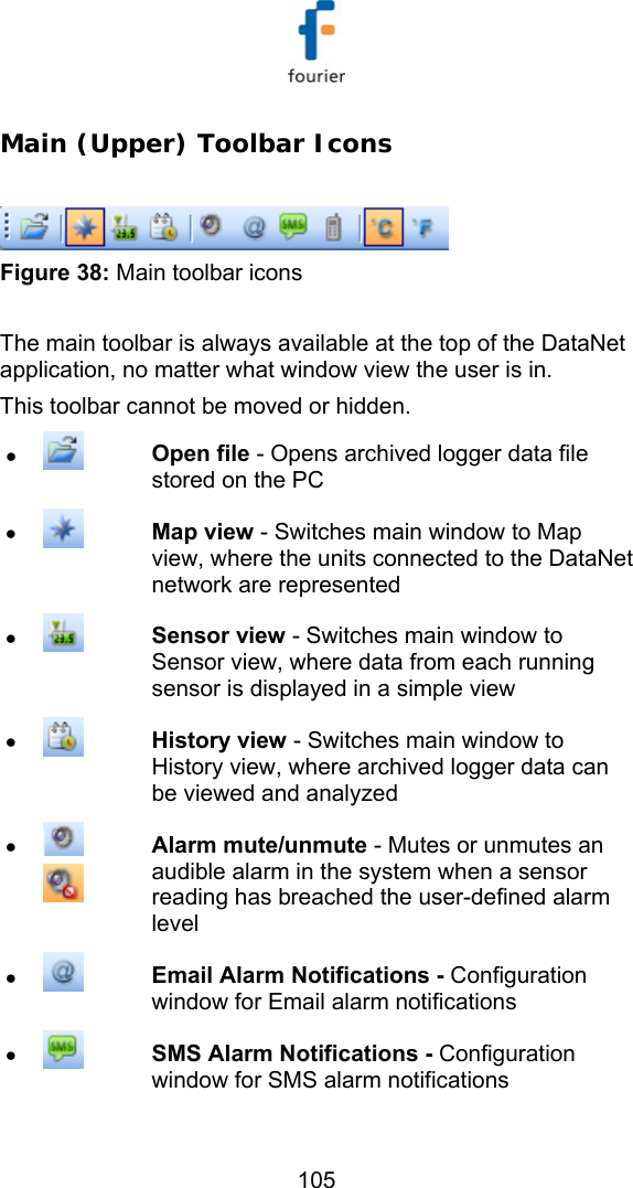   105 Main (Upper) Toolbar Icons   Figure 38: Main toolbar icons  The main toolbar is always available at the top of the DataNet application, no matter what window view the user is in.  This toolbar cannot be moved or hidden. &bull;  Open file - Opens archived logger data file stored on the PC &bull;  Map view - Switches main window to Map view, where the units connected to the DataNet network are represented &bull;  Sensor view - Switches main window to Sensor view, where data from each running sensor is displayed in a simple view &bull;  History view - Switches main window to History view, where archived logger data can be viewed and analyzed &bull;   Alarm mute/unmute - Mutes or unmutes an audible alarm in the system when a sensor reading has breached the user-defined alarm level &bull;  Email Alarm Notifications - Configuration window for Email alarm notifications &bull;  SMS Alarm Notifications - Configuration window for SMS alarm notifications 