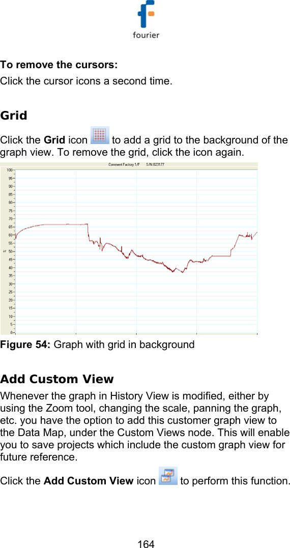   164 To remove the cursors: Click the cursor icons a second time.  Grid Click the Grid icon   to add a grid to the background of the graph view. To remove the grid, click the icon again.  Figure 54: Graph with grid in background  Add Custom View Whenever the graph in History View is modified, either by using the Zoom tool, changing the scale, panning the graph, etc. you have the option to add this customer graph view to the Data Map, under the Custom Views node. This will enable you to save projects which include the custom graph view for future reference. Click the Add Custom View icon   to perform this function.  