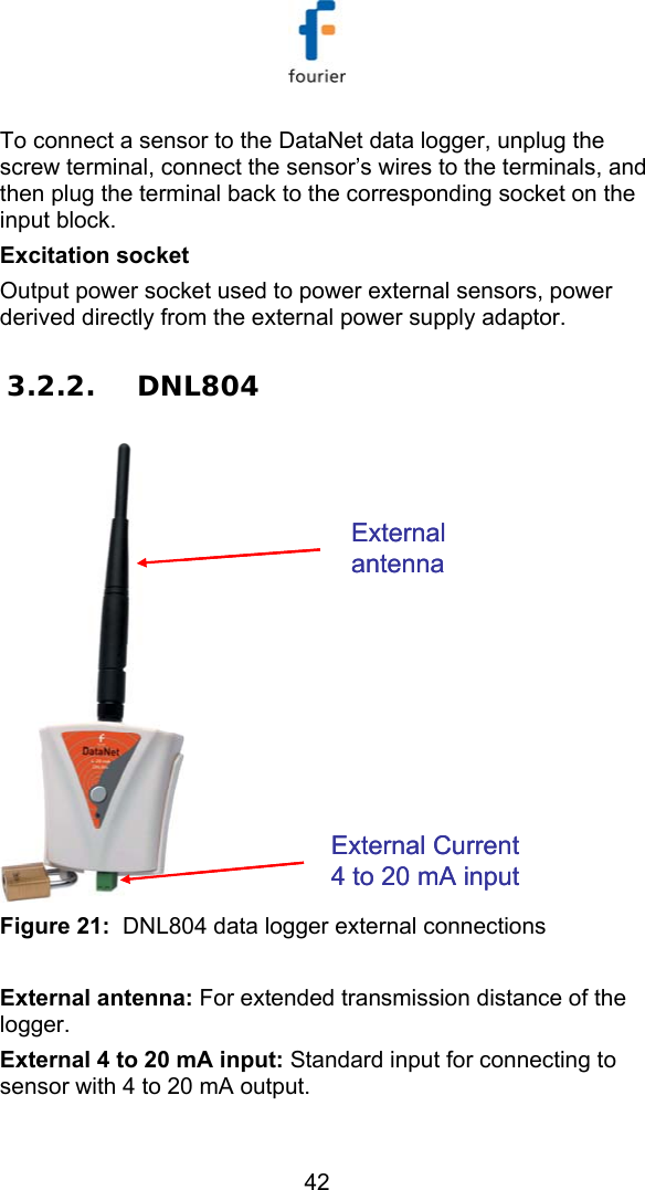   42 To connect a sensor to the DataNet data logger, unplug the screw terminal, connect the sensor&rsquo;s wires to the terminals, and then plug the terminal back to the corresponding socket on the input block. Excitation socket Output power socket used to power external sensors, power derived directly from the external power supply adaptor.   3.2.2. DNL804 External antennaExternal Current 4 to 20 mA inputExternal antennaExternal Current 4 to 20 mA input Figure 21:  DNL804 data logger external connections  External antenna: For extended transmission distance of the logger. External 4 to 20 mA input: Standard input for connecting to sensor with 4 to 20 mA output. 