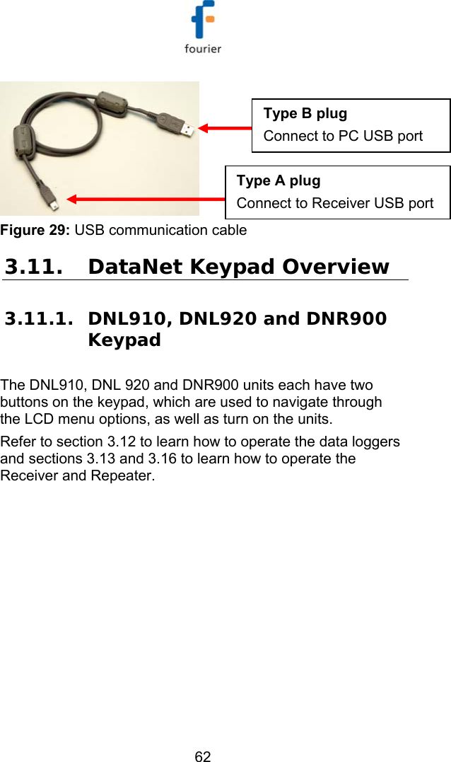   62  Figure 29: USB communication cable 3.11. DataNet Keypad Overview 3.11.1. DNL910, DNL920 and DNR900 Keypad The DNL910, DNL 920 and DNR900 units each have two buttons on the keypad, which are used to navigate through the LCD menu options, as well as turn on the units. Refer to section  3.12 to learn how to operate the data loggers and sections  3.13 and  3.16 to learn how to operate the Receiver and Repeater. Type A plug Connect to Receiver USB port Type B plug  Connect to PC USB port 