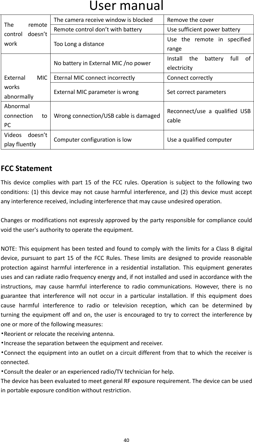 User manual 40  The  remote control  doesn&rsquo;t   work The camera receive window is blocked Remove the cover Remote control don&rsquo;t with battery Use sufficient power battery Too Long a distance Use  the  remote  in  specified range  No battery in External MIC /no power Install  the  battery  full  of electricity External  MIC works abnormally Eternal MIC connect incorrectly Connect correctly External MIC parameter is wrong Set correct parameters Abnormal connection  to PC Wrong connection/USB cable is damaged Reconnect/use  a  qualified  USB cable Videos  doesn&rsquo;t play fluently Computer configuration is low Use a qualified computer  FCC Statement This  device  complies  with  part  15  of  the  FCC  rules.  Operation  is  subject  to  the  following  two conditions: (1)  this device may not cause harmful interference, and (2) this device must  accept any interference received, including interference that may cause undesired operation.    Changes or modifications not expressly approved by the party responsible for compliance could void the user's authority to operate the equipment.  NOTE: This equipment has been tested and found to comply with the limits for a Class B  digital device,  pursuant  to  part  15  of  the  FCC  Rules.  These  limits are  designed to provide reasonable protection  against  harmful  interference  in  a  residential  installation.  This  equipment  generates uses and can radiate radio frequency energy and, if not installed and used in accordance with the instructions,  may  cause  harmful  interference  to  radio  communications.  However,  there  is  no guarantee  that  interference  will  not  occur  in  a  particular  installation.  If  this  equipment  does cause  harmful  interference  to  radio  or  television  reception,  which  can  be  determined  by   turning the equipment off and on, the user is encouraged  to try to correct the  interference by one or more of the following measures: &bull;Reorient or relocate the receiving antenna. &bull;Increase the separation between the equipment and receiver. &bull;Connect the equipment into an outlet on a circuit different from that to which the receiver is connected. &bull;Consult the dealer or an experienced radio/TV technician for help. The device has been evaluated to meet general RF exposure requirement. The device can be used in portable exposure condition without restriction.   