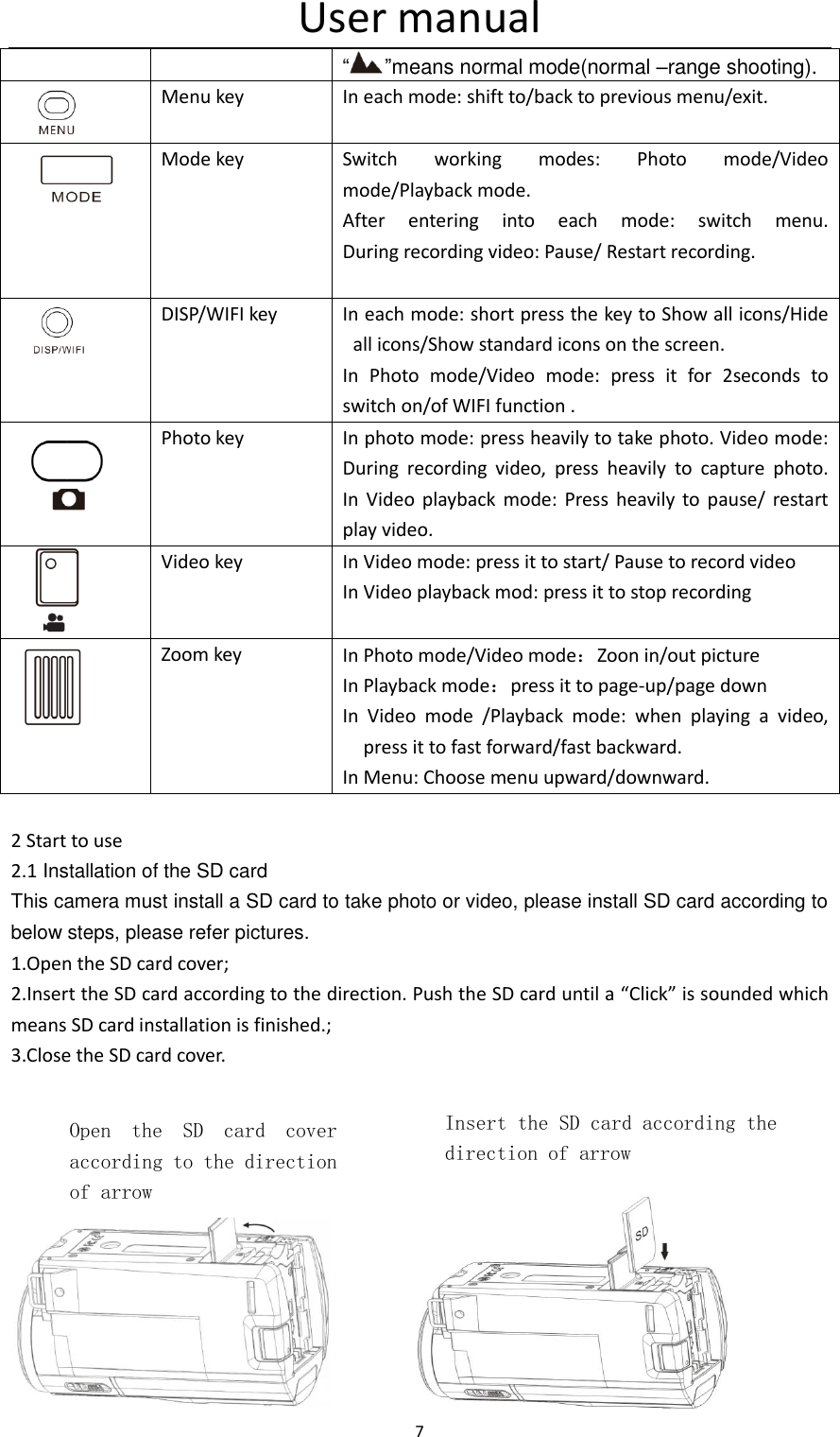 User manual 7  &ldquo; &rdquo;means normal mode(normal &ndash;range shooting).  Menu key In each mode: shift to/back to previous menu/exit.     Mode key Switch  working  modes:  Photo  mode/Video mode/Playback mode. After  entering  into  each  mode:  switch  menu.               During recording video: Pause/ Restart recording.   DISP/WIFI key In each mode: short press the key to Show all icons/Hide all icons/Show standard icons on the screen. In  Photo  mode/Video  mode:  press  it  for  2seconds  to switch on/of WIFI function .      Photo key In photo mode: press heavily to take photo. Video mode: During  recording  video,  press  heavily  to  capture  photo.                                                                                 In  Video  playback  mode:  Press  heavily  to  pause/  restart play video.   Video key In Video mode: press it to start/ Pause to record video In Video playback mod: press it to stop recording    Zoom key In Photo mode/Video mode：Zoon in/out picture In Playback mode：press it to page-up/page down In  Video  mode  /Playback  mode:  when  playing  a  video, press it to fast forward/fast backward. In Menu: Choose menu upward/downward.  2 Start to use 2.1 Installation of the SD card This camera must install a SD card to take photo or video, please install SD card according to below steps, please refer pictures. 1.Open the SD card cover; 2.Insert the SD card according to the direction. Push the SD card until a &ldquo;Click&rdquo; is sounded which means SD card installation is finished.; 3.Close the SD card cover.                                                                                           Open  the  SD  card  cover according to the direction of arrow Insert the SD card according the direction of arrow  