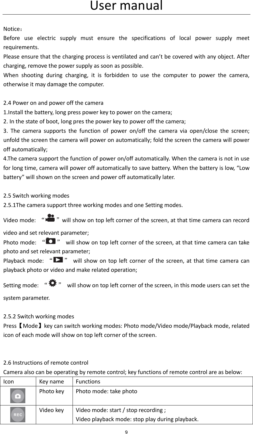 User manual 9   Notice： Before  use  electric  supply  must  ensure  the  specifications  of  local  power  supply  meet requirements. Please ensure that the charging process is ventilated and can&rsquo;t be covered with any object. After charging, remove the power supply as soon as possible. When  shooting  during  charging,  it  is  forbidden  to  use  the  computer  to  power  the  camera, otherwise it may damage the computer.  2.4 Power on and power off the camera 1.Install the battery, long press power key to power on the camera; 2. In the state of boot, long pres the power key to power off the camera; 3.  The  camera  supports  the  function  of  power  on/off  the  camera  via  open/close  the  screen; unfold the screen the camera will power on automatically; fold the screen the camera will power off automatically; 4.The camera support the function of power on/off automatically. When the camera is not in use for long time, camera will power off automatically to save battery. When the battery is low, &ldquo;Low battery&rdquo; will shown on the screen and power off automatically later.  2.5 Switch working modes 2.5.1The camera support three working modes and one Setting modes. Video mode:  &ldquo; &rdquo;will show on top left corner of the screen, at that time camera can record video and set relevant parameter; Photo mode:  &ldquo; &rdquo;  will show on top left corner of the screen, at that time camera can take photo and set relevant parameter; Playback  mode:  &ldquo; &rdquo;  will show on top left corner of  the  screen,  at that time camera can playback photo or video and make related operation; Setting mode:  &ldquo; &rdquo;  will show on top left corner of the screen, in this mode users can set the system parameter.  2.5.2 Switch working modes   Press【Mode】key can switch working modes: Photo mode/Video mode/Playback mode, related icon of each mode will show on top left corner of the screen.                2.6 Instructions of remote control Camera also can be operating by remote control; key functions of remote control are as below: Icon Key name Functions  Photo key Photo mode: take photo     Video key Video mode: start / stop recording ; Video playback mode: stop play during playback. 