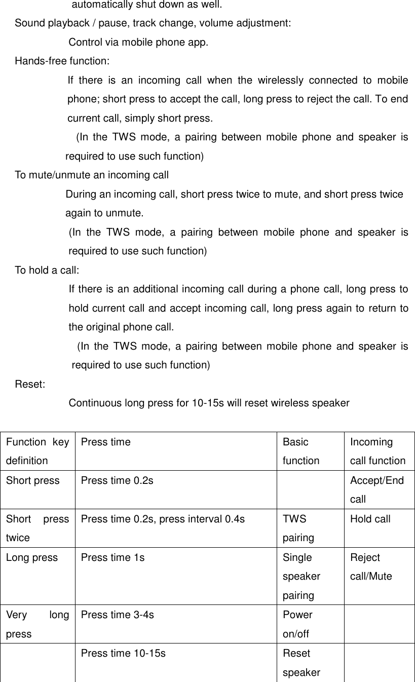 automatically shut down as well. Sound playback / pause, track change, volume adjustment: Control via mobile phone app. Hands-free function: If  there  is  an  incoming  call  when  the  wirelessly  connected  to  mobile phone; short press to accept the call, long press to reject the call. To end current call, simply short press.   (In  the  TWS mode,  a  pairing  between  mobile  phone  and  speaker  is           required to use such function) To mute/unmute an incoming call                                     During an incoming call, short press twice to mute, and short press twice again to unmute.                   (In  the  TWS  mode,  a  pairing  between  mobile  phone  and  speaker  is               required to use such function) To hold a call: If there is an additional incoming call during a phone call, long press to hold current call and accept incoming call, long press again to return to the original phone call.     (In  the  TWS  mode,  a  pairing  between  mobile  phone  and  speaker  is               required to use such function) Reset: Continuous long press for 10-15s will reset wireless speaker       Function  key definition Press time Basic function Incoming call function Short press Press time 0.2s  Accept/End call Short  press twice Press time 0.2s, press interval 0.4s TWS pairing Hold call Long press Press time 1s Single speaker pairing Reject call/Mute Very  long press Press time 3-4s Power on/off   Press time 10-15s Reset speaker  