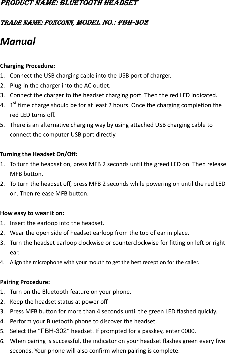 Foxconn Technology FBH302 Bluetooth Headset User Manual Manual V1 0
