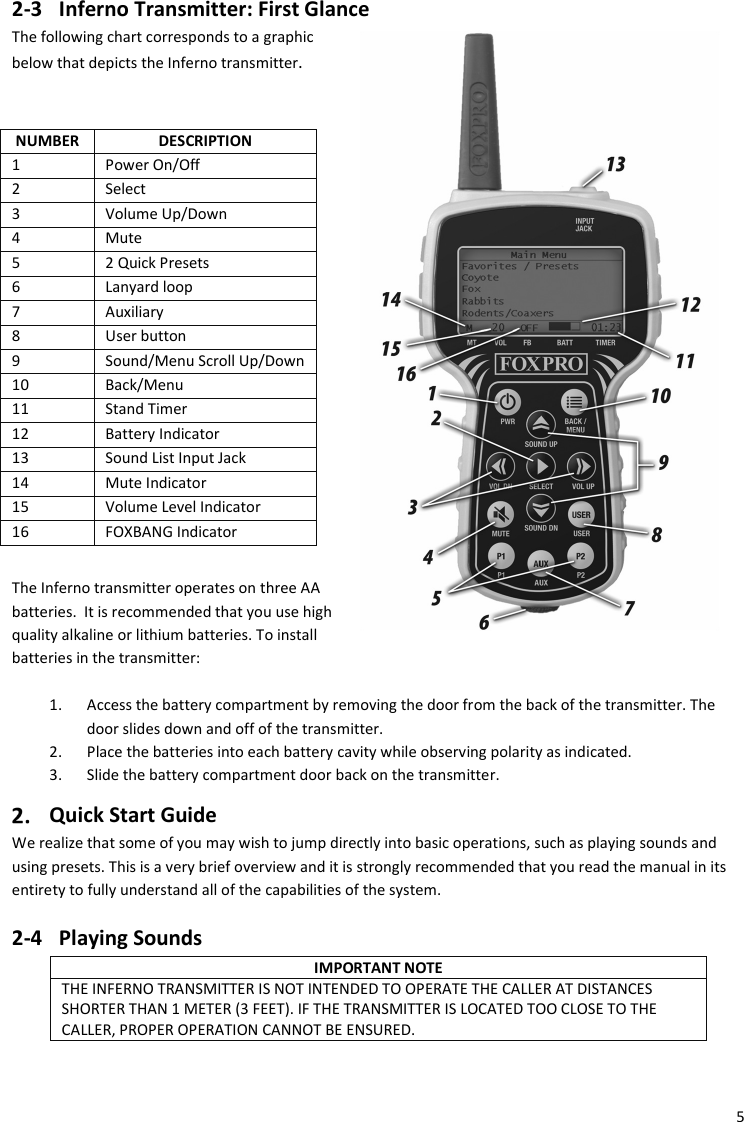 5  2-3 Inferno Transmitter: First Glance The following chart corresponds to a graphic below that depicts the Inferno transmitter.    NUMBER DESCRIPTION 1 Power On/Off 2 Select 3 Volume Up/Down 4 Mute 5 2 Quick Presets 6 Lanyard loop 7 Auxiliary 8 User button 9 Sound/Menu Scroll Up/Down 10 Back/Menu  11 Stand Timer 12 Battery Indicator 13 Sound List Input Jack 14 Mute Indicator 15 Volume Level Indicator 16 FOXBANG Indicator  The Inferno transmitter operates on three AA batteries.  It is recommended that you use high quality alkaline or lithium batteries. To install batteries in the transmitter:  1. Access the battery compartment by removing the door from the back of the transmitter. The door slides down and off of the transmitter. 2. Place the batteries into each battery cavity while observing polarity as indicated. 3. Slide the battery compartment door back on the transmitter.  Quick Start Guide We realize that some of you may wish to jump directly into basic operations, such as playing sounds and using presets. This is a very brief overview and it is strongly recommended that you read the manual in its entirety to fully understand all of the capabilities of the system. 2-4 Playing Sounds IMPORTANT NOTE THE INFERNO TRANSMITTER IS NOT INTENDED TO OPERATE THE CALLER AT DISTANCES SHORTER THAN 1 METER (3 FEET). IF THE TRANSMITTER IS LOCATED TOO CLOSE TO THE CALLER, PROPER OPERATION CANNOT BE ENSURED.   
