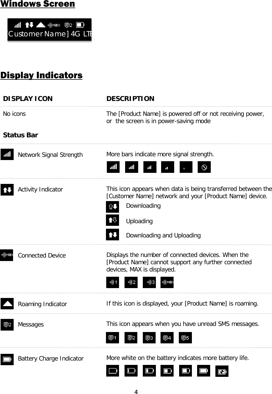 Display Indicators DISPLAY ICON DESCRIPTION  No icons The [Product Name] is powered off or not receiving power, or  the screen is in power-saving mode  Status Bar Network Signal Strength  More bars indicate more signal strength. 4 Windows Screen Activity Indicator This icon appears when data is being transferred between the [Customer Name] network and your [Product Name] device. Downloading Uploading Downloading and Uploading Connected Device Displays the number of connected devices. When the [Product Name] cannot support any further connected devices, MAX is displayed. Roaming Indicator If this icon is displayed, your [Product Name] is roaming. Messages  This icon appears when you have unread SMS messages. Battery Charge Indicator More white on the battery indicates more battery life.   [Customer Name] 4G LTE           