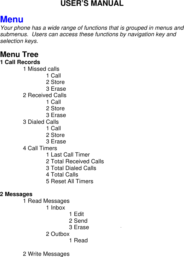 USER’S MANUAL  Menu Your phone has a wide range of functions that is grouped in menus and submenus.  Users can access these functions by navigation key and selection keys.  Menu Tree 1 Call Records  1 Missed calls   1 Call   2 Store   3 Erase  2 Received Calls   1 Call   2 Store   3 Erase 3 Dialed Calls   1 Call   2 Store   3 Erase 4 Call Timers   1 Last Call Timer     2 Total Received Calls   3 Total Dialed Calls 4 Total Calls     5 Reset All Timers    2 Messages  1 Read Messages     1 Inbox    1 Edit    2 Send    3 Erase   2 Outbox      1 Read     2 Write Messages 