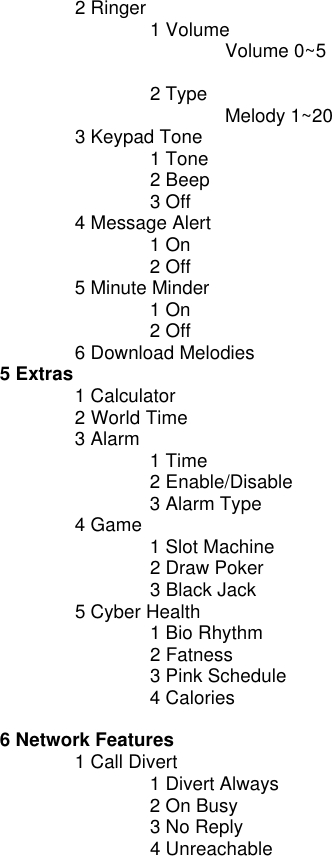  2 Ringer   1 Volume    Volume 0~5    2 Type    Melody 1~20  3 Keypad Tone   1 Tone   2 Beep   3 Off  4 Message Alert   1 On   2 Off  5 Minute Minder   1 On   2 Off  6 Download Melodies 5 Extras  1 Calculator  2 World Time    3 Alarm   1 Time   2 Enable/Disable   3 Alarm Type   4 Game   1 Slot Machine   2 Draw Poker   3 Black Jack  5 Cyber Health   1 Bio Rhythm   2 Fatness   3 Pink Schedule   4 Calories  6 Network Features  1 Call Divert   1 Divert Always   2 On Busy   3 No Reply   4 Unreachable 