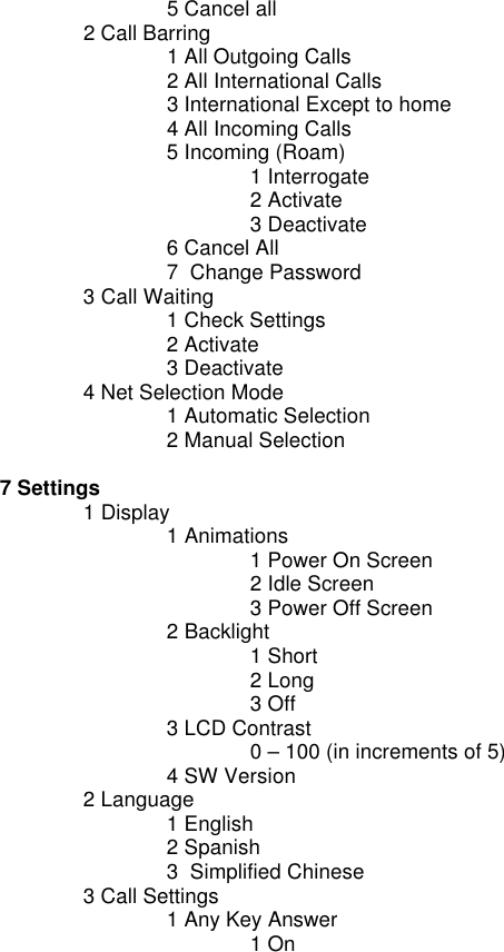   5 Cancel all 2 Call Barring   1 All Outgoing Calls   2 All International Calls   3 International Except to home 4 All Incoming Calls   5 Incoming (Roam)    1 Interrogate    2 Activate    3 Deactivate   6 Cancel All   7  Change Password  3 Call Waiting    1 Check Settings   2 Activate   3 Deactivate  4 Net Selection Mode   1 Automatic Selection   2 Manual Selection    7 Settings  1 Display   1 Animations    1 Power On Screen    2 Idle Screen    3 Power Off Screen   2 Backlight    1 Short    2 Long    3 Off   3 LCD Contrast    0 – 100 (in increments of 5)   4 SW Version  2 Language   1 English   2 Spanish   3  Simplified Chinese   3 Call Settings   1 Any Key Answer     1 On 