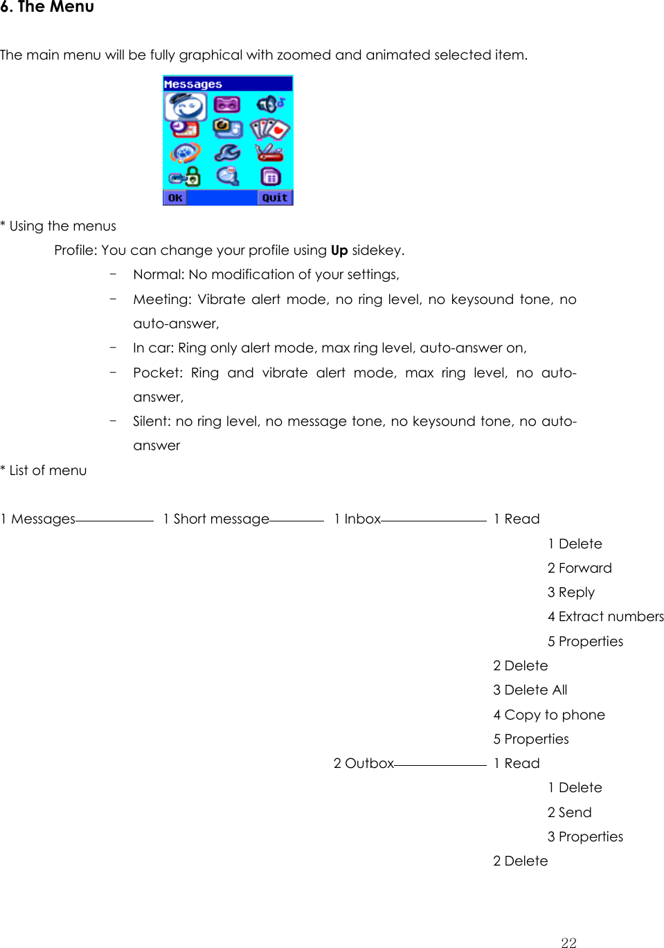  226. The Menu  The main menu will be fully graphical with zoomed and animated selected item.              * Using the menus Profile: You can change your profile using Up sidekey.   - Normal: No modification of your settings, - Meeting: Vibrate alert mode, no ring level, no keysound tone, no auto-answer, - In car: Ring only alert mode, max ring level, auto-answer on, - Pocket: Ring and vibrate alert mode, max ring level, no auto-answer, - Silent: no ring level, no message tone, no keysound tone, no auto-answer * List of menu    1 Messages   1 Short message   1 Inbox  1 Read        1 Delete      2 Forward      3 Reply       4 Extract numbers      5 Properties     2 Delete     3 Delete All       4 Copy to phone     5 Properties    2 Outbox  1 Read      1 Delete      2 Send      3 Properties     2 Delete 