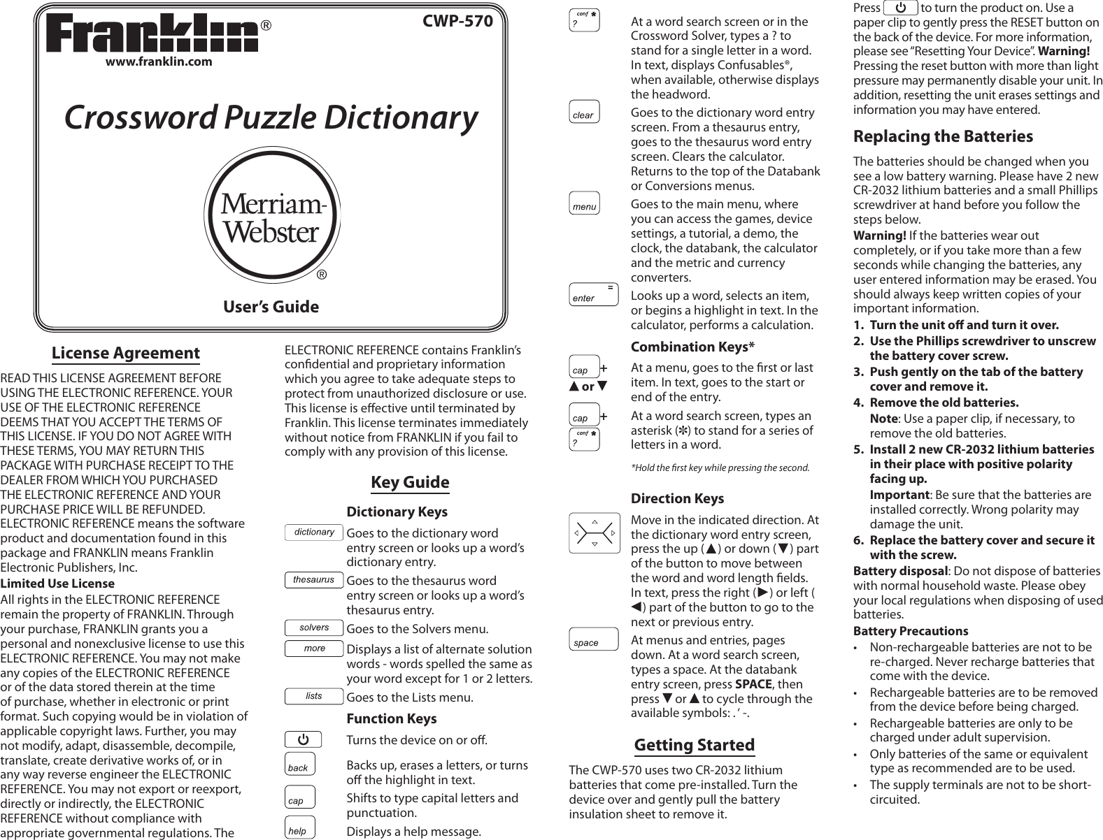 Page 1 of 7 - Franklin Franklin-Crossword-Puzzle-Dictionary-Cwp-570-Users-Manual-  Franklin-crossword-puzzle-dictionary-cwp-570-users-manual