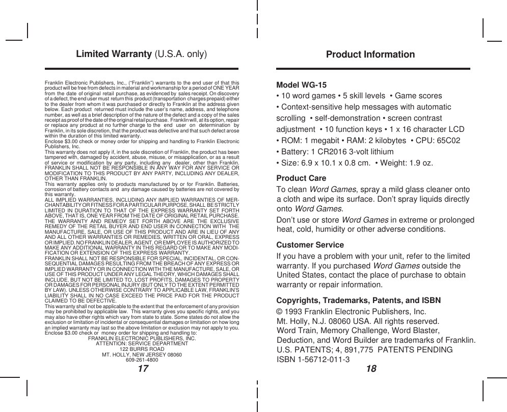 Page 10 of 11 - Franklin Franklin-Wg-15-Users-Manual- Wg-15 Franklin-wg-15-users-manual