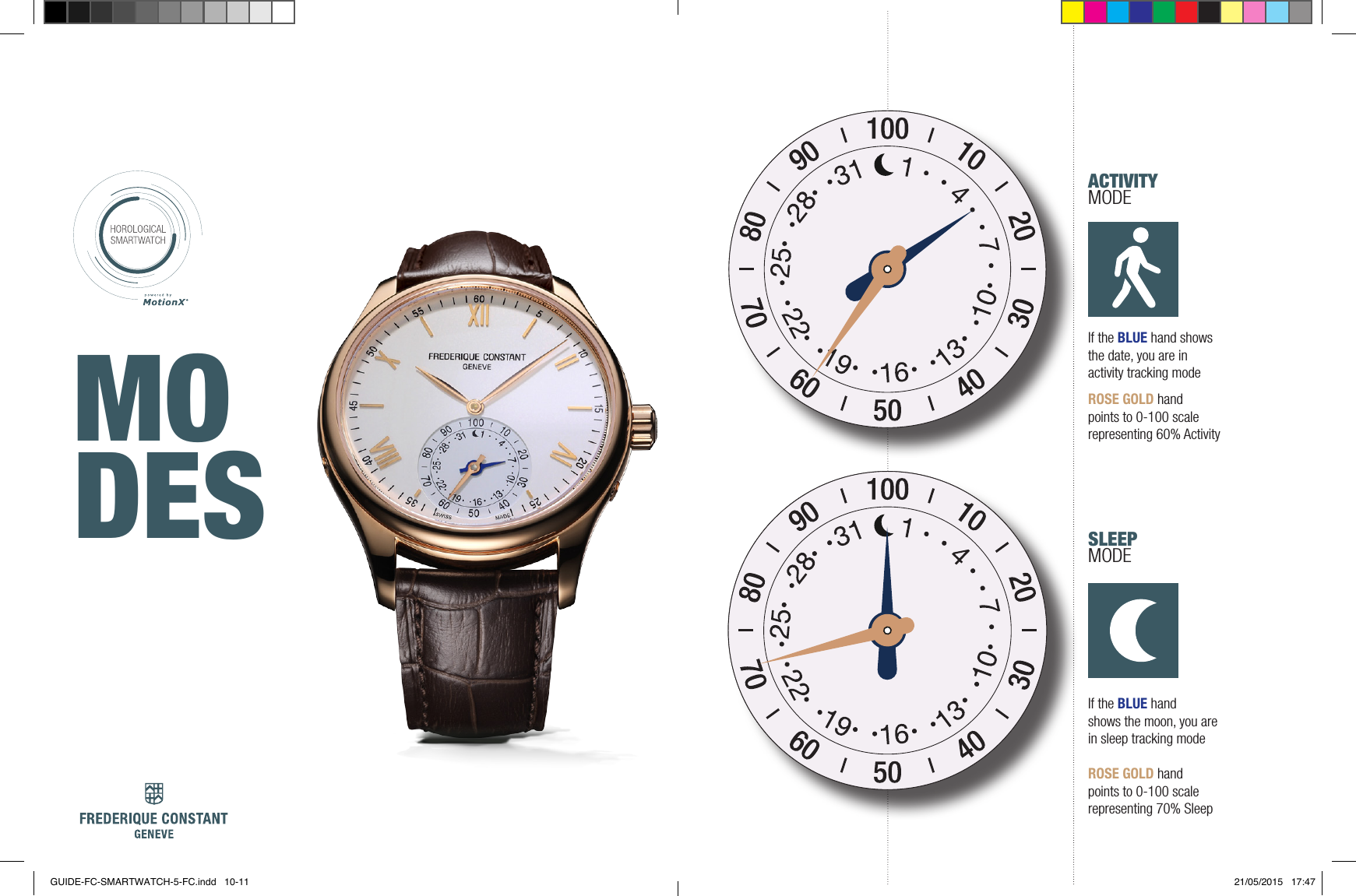 MO DES If  the  BLUE hand shows the date, you are in activity tracking modeROSE GOLD hand points to 0-100 scale representing 60% Activity   ACTIVITY MODESLEEP  MODEIf   the BLUE handshows the moon, you are in sleep tracking modeROSE GOLD hand points to 0-100 scale representing 70% SleepGUIDE-FC-SMARTWATCH-5-FC.indd   10-11 21/05/2015   17:47