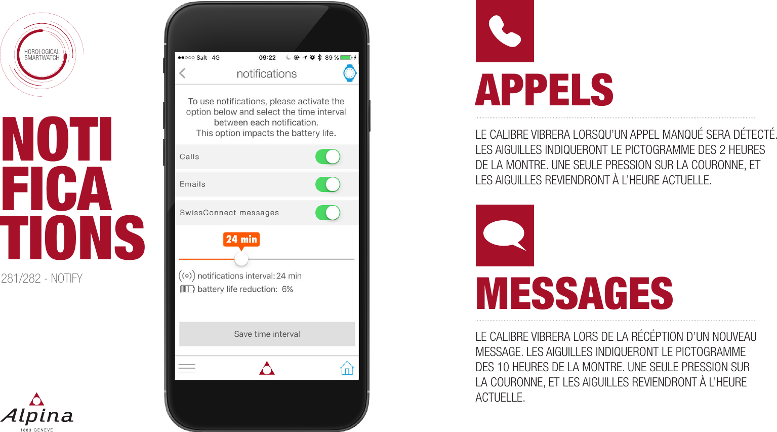 NOTIFICATIONS281/282 - NOTIFYAPPELSMESSAGESLE CALIBRE VIBRERA LORSQU&rsquo;UN APPEL MANQU&Eacute; SERA D&Eacute;TECT&Eacute;. LES AIGUILLES INDIQUERONT LE PICTOGRAMME DES 2 HEURES DE LA MONTRE. UNE SEULE PRESSION SUR LA COURONNE, ET LES AIGUILLES REVIENDRONT &Agrave; L&rsquo;HEURE ACTUELLE.LE CALIBRE VIBRERA LORS DE LA R&Eacute;C&Eacute;PTION D&rsquo;UN NOUVEAU MESSAGE. LES AIGUILLES INDIQUERONT LE PICTOGRAMME DES 10 HEURES DE LA MONTRE. UNE SEULE PRESSION SUR LA COURONNE, ET LES AIGUILLES REVIENDRONT &Agrave; L&rsquo;HEURE ACTUELLE.