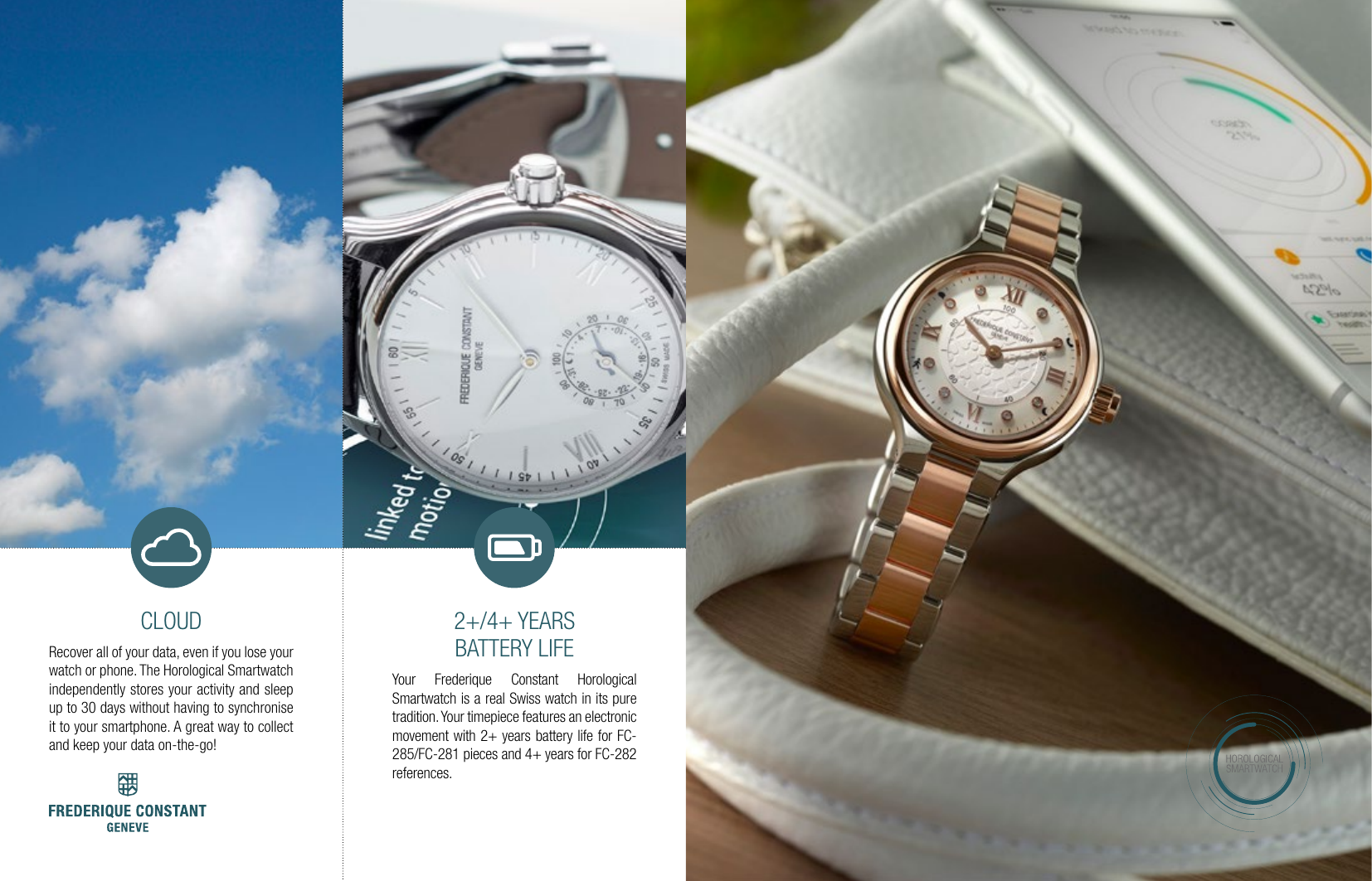 2+/4+ YEARS BATTERY LIFEYour Frederique Constant Horological Smartwatch is a real Swiss watch in its pure tradition. Your timepiece features an electronic movement with 2+ years battery life for FC-285/FC-281 pieces and 4+ years for FC-282 references.CLOUDRecover all of your data, even if you lose your watch or phone. The Horological Smartwatch independently stores your activity and sleep up to 30 days without having to synchronise it to your smartphone. A great way to collect and keep your data on-the-go!