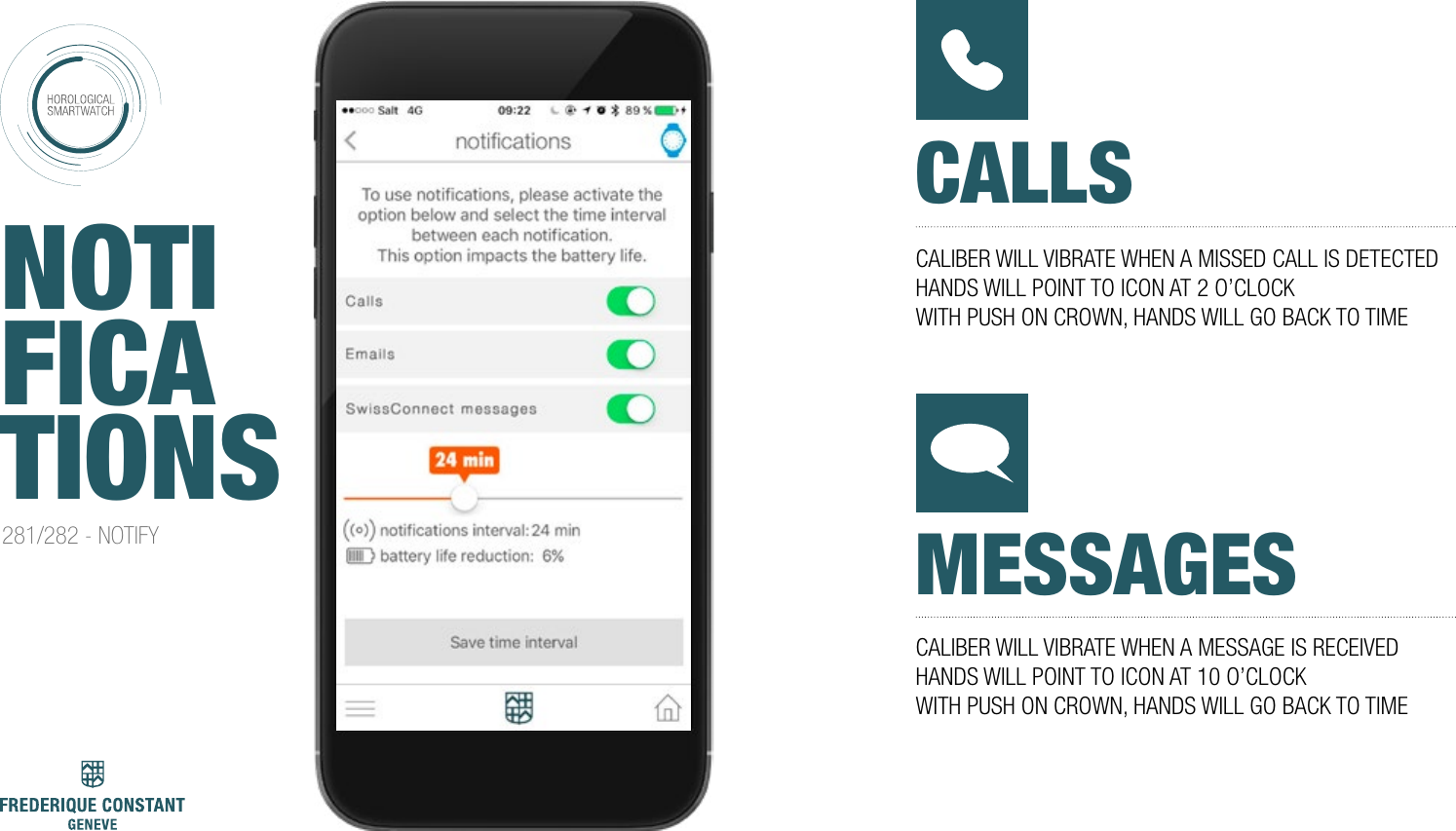 NOTIFICATIONSCALLSMESSAGESCALIBER WILL VIBRATE WHEN A MISSED CALL IS DETECTEDHANDS WILL POINT TO ICON AT 2 O&rsquo;CLOCKWITH PUSH ON CROWN, HANDS WILL GO BACK TO TIMECALIBER WILL VIBRATE WHEN A MESSAGE IS RECEIVEDHANDS WILL POINT TO ICON AT 10 O&rsquo;CLOCKWITH PUSH ON CROWN, HANDS WILL GO BACK TO TIME281/282 - NOTIFY