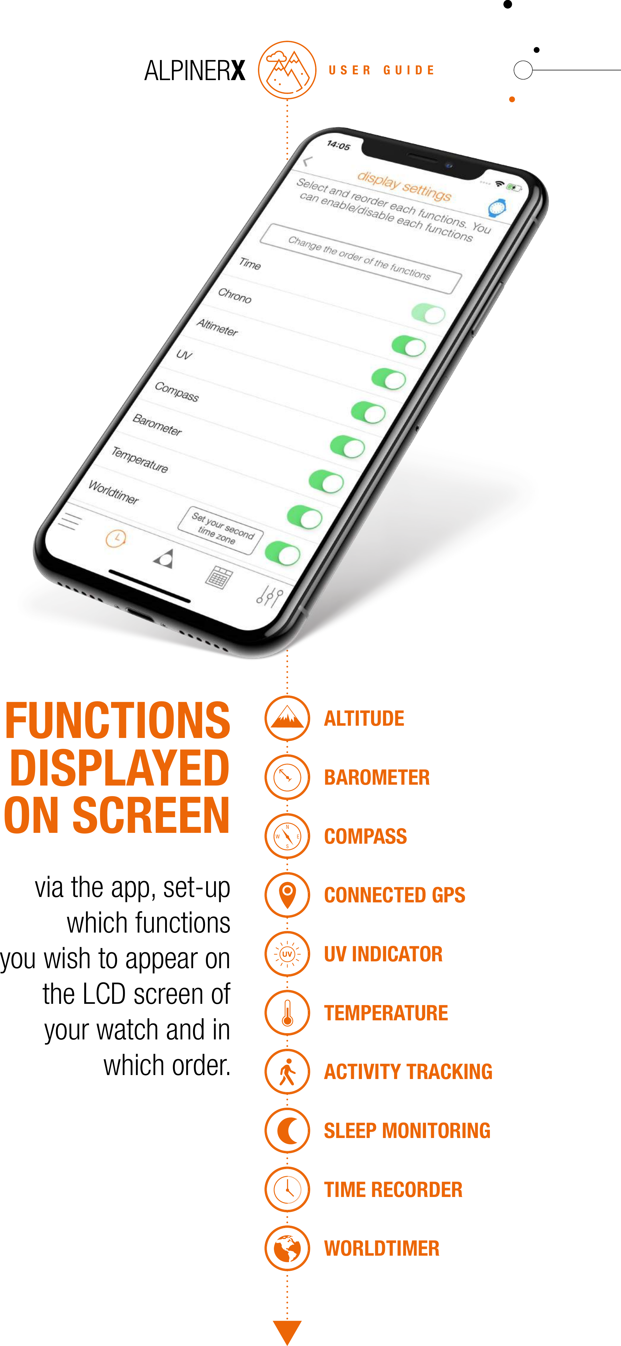 USER GUIDEFUNCTIONS DISPLAYED ON SCREENvia the app, set-up which functionsyou wish to appear on the LCD screen ofyour watch and in which order.ALTITUDEBAROMETERCOMPASSCONNECTED GPSUV INDICATORTEMPERATUREACTIVITY TRACKINGSLEEP MONITORINGTIME RECORDERWORLDTIMER