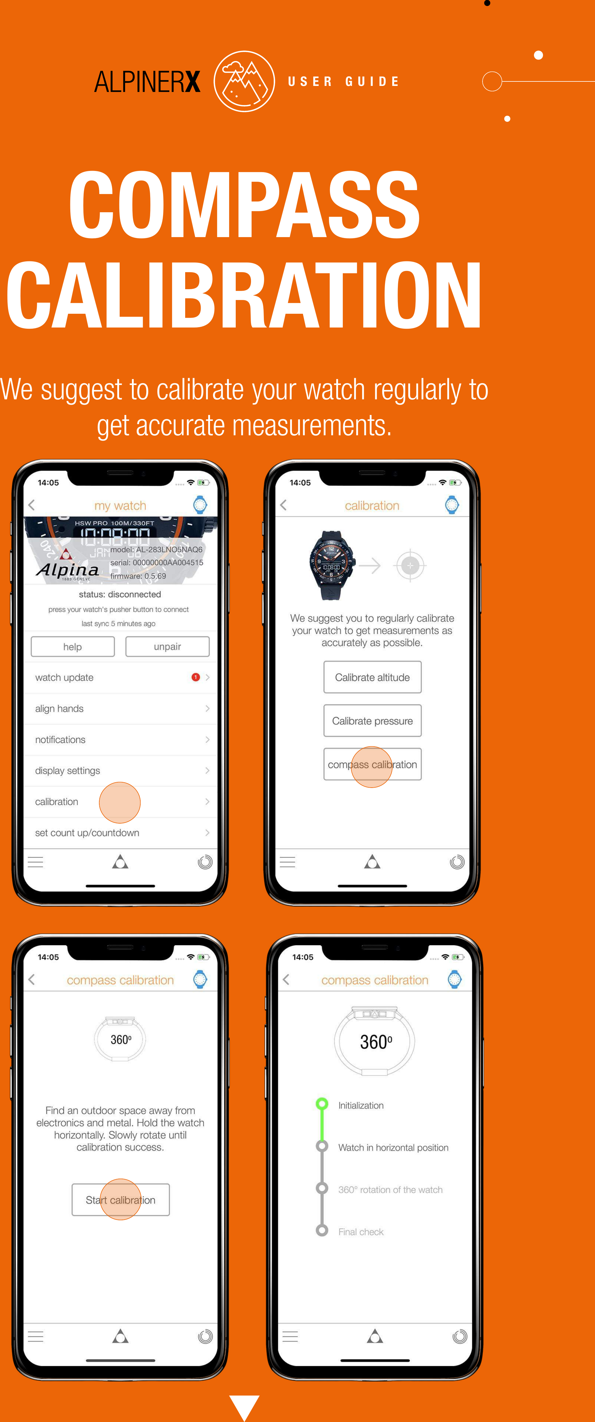 COMPASS CALIBRATIONWe suggest to calibrate your watch regularly to get accurate measurements.USER GUIDE