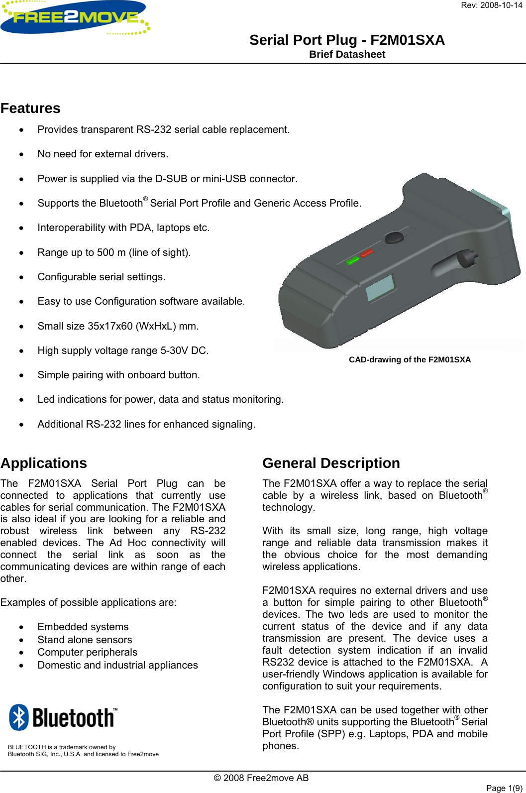 Free2move F2M01SX Bluetooth Serial Port Adaptor User Manual Data sheet