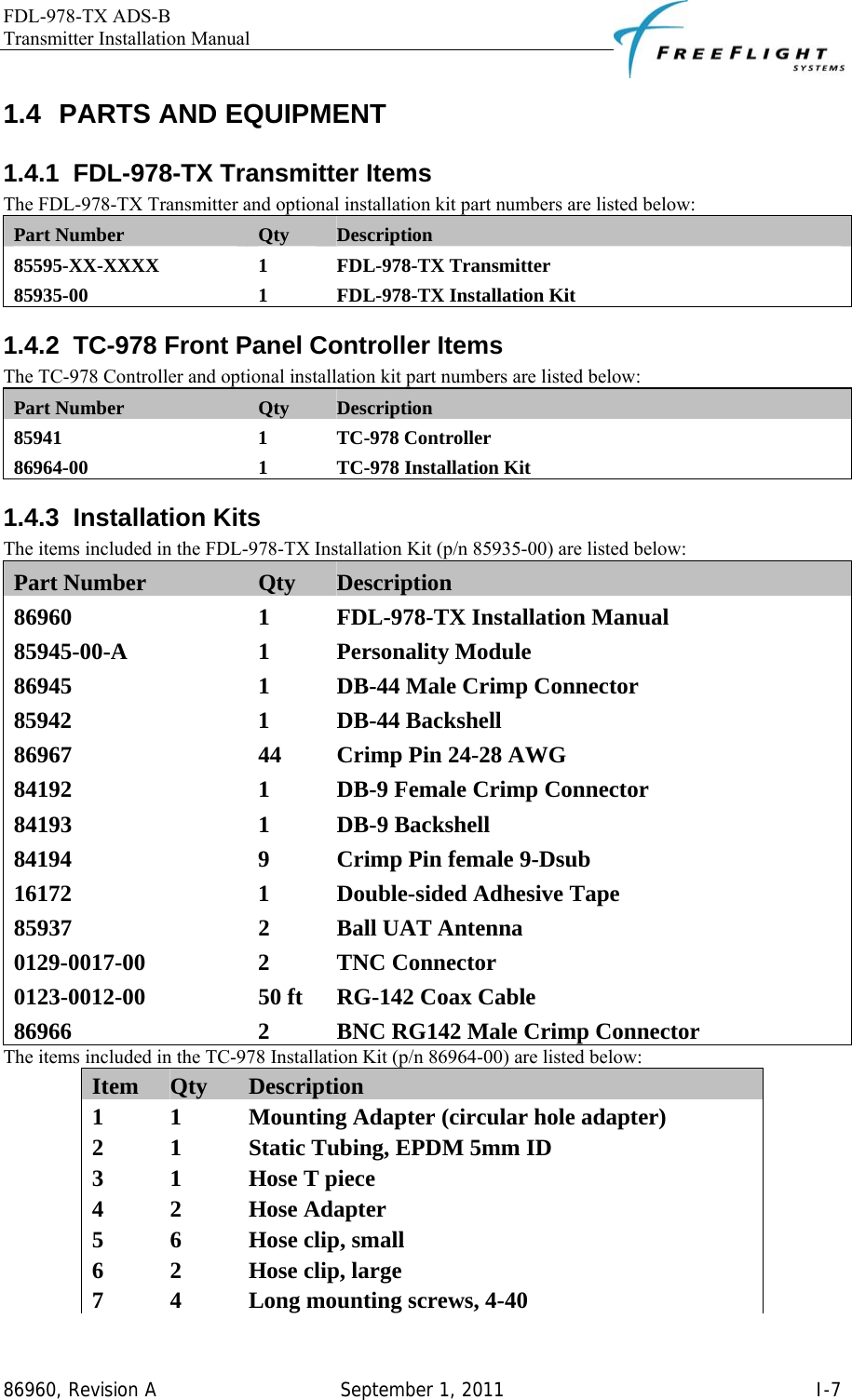 FDL-978-TX ADS-B Transmitter Installation Manual   86960, Revision A  September 1, 2011   I-71.4 PARTS AND EQUIPMENT 1.4.1 FDL-978-TX Transmitter Items The FDL-978-TX Transmitter and optional installation kit part numbers are listed below:  Part Number  Qty  Description 85595-XX-XXXX 1 FDL-978-TX Transmitter 85935-00 1 FDL-978-TX Installation Kit 1.4.2  TC-978 Front Panel Controller Items The TC-978 Controller and optional installation kit part numbers are listed below: Part Number  Qty  Description 85941 1 TC-978 Controller 86964-00  1  TC-978 Installation Kit 1.4.3 Installation Kits The items included in the FDL-978-TX Installation Kit (p/n 85935-00) are listed below: Part Number  Qty  Description 86960  1  FDL-978-TX Installation Manual 85945-00-A 1 Personality Module 86945  1  DB-44 Male Crimp Connector 85942 1 DB-44 Backshell 86967  44  Crimp Pin 24-28 AWG 84192  1  DB-9 Female Crimp Connector 84193 1 DB-9 Backshell 84194  9  Crimp Pin female 9-Dsub 16172  1  Double-sided Adhesive Tape 85937  2  Ball UAT Antenna 0129-0017-00 2 TNC Connector 0123-0012-00  50 ft  RG-142 Coax Cable 86966  2  BNC RG142 Male Crimp Connector The items included in the TC-978 Installation Kit (p/n 86964-00) are listed below: Item  Qty  Description 1 1  Mounting Adapter (circular hole adapter) 2 1  Static Tubing, EPDM 5mm ID 3 1  Hose T piece 4 2 Hose Adapter 5 6  Hose clip, small 6 2  Hose clip, large 7  4  Long mounting screws, 4-40 