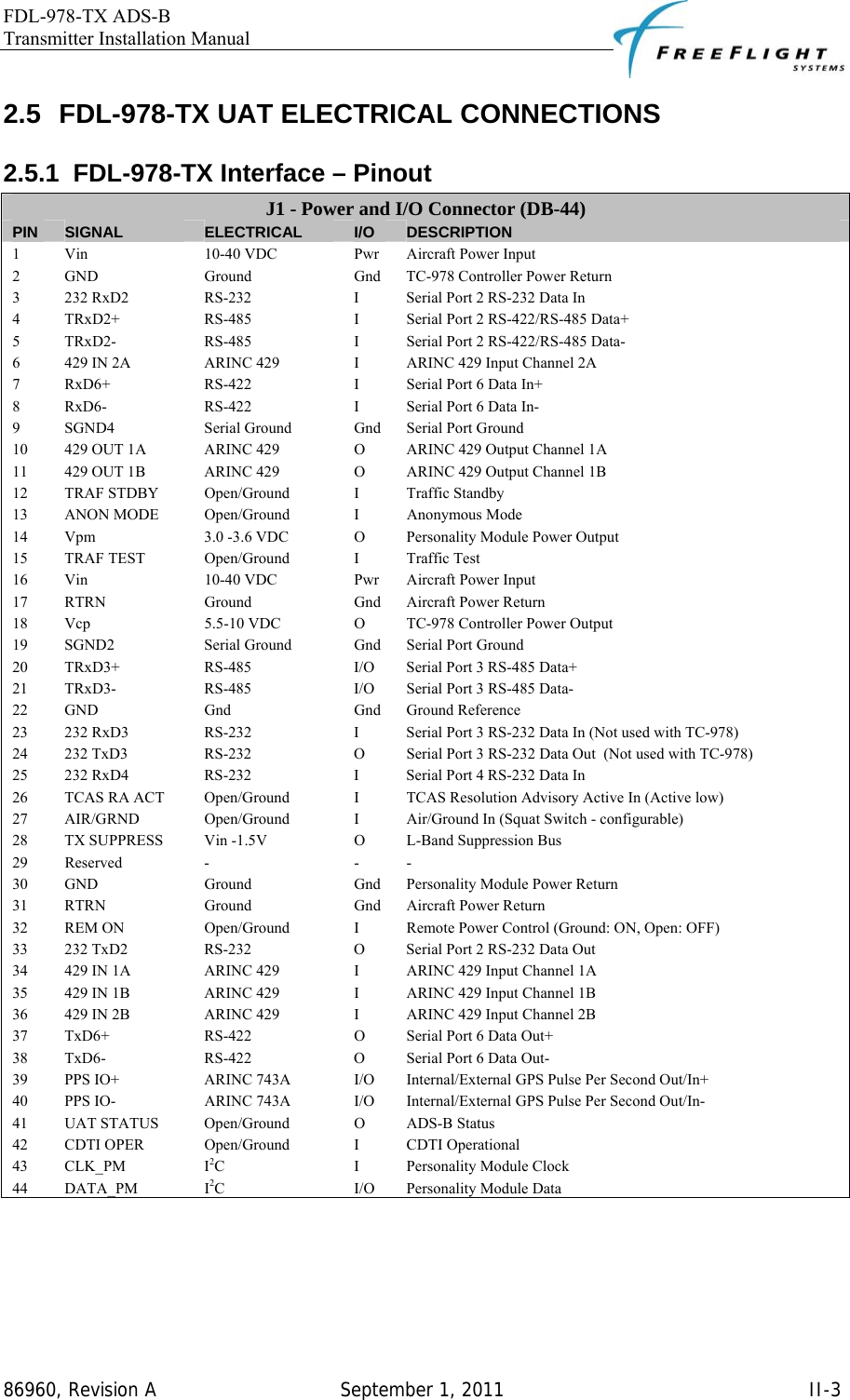 FDL-978-TX ADS-B Transmitter Installation Manual   86960, Revision A  September 1, 2011   II-32.5 FDL-978-TX UAT ELECTRICAL CONNECTIONS 2.5.1  FDL-978-TX Interface – Pinout J1 - Power and I/O Connector (DB-44) PIN  SIGNAL  ELECTRICAL  I/O  DESCRIPTION 1  Vin  10-40 VDC  Pwr  Aircraft Power Input 2  GND  Ground  Gnd  TC-978 Controller Power Return 3  232 RxD2  RS-232  I  Serial Port 2 RS-232 Data In 4  TRxD2+  RS-485  I  Serial Port 2 RS-422/RS-485 Data+ 5  TRxD2-  RS-485  I  Serial Port 2 RS-422/RS-485 Data- 6  429 IN 2A  ARINC 429  I  ARINC 429 Input Channel 2A 7  RxD6+  RS-422  I  Serial Port 6 Data In+ 8  RxD6-  RS-422  I  Serial Port 6 Data In- 9  SGND4  Serial Ground  Gnd  Serial Port Ground 10  429 OUT 1A  ARINC 429  O  ARINC 429 Output Channel 1A 11  429 OUT 1B  ARINC 429  O  ARINC 429 Output Channel 1B 12  TRAF STDBY  Open/Ground  I  Traffic Standby 13  ANON MODE  Open/Ground  I  Anonymous Mode 14  Vpm  3.0 -3.6 VDC  O  Personality Module Power Output 15 TRAF TEST  Open/Ground  I  Traffic Test 16  Vin  10-40 VDC  Pwr  Aircraft Power Input 17  RTRN  Ground  Gnd  Aircraft Power Return 18  Vcp  5.5-10 VDC  O  TC-978 Controller Power Output 19  SGND2  Serial Ground  Gnd  Serial Port Ground 20  TRxD3+  RS-485  I/O  Serial Port 3 RS-485 Data+ 21  TRxD3-  RS-485  I/O  Serial Port 3 RS-485 Data- 22 GND  Gnd  Gnd Ground Reference 23  232 RxD3  RS-232  I  Serial Port 3 RS-232 Data In (Not used with TC-978) 24  232 TxD3  RS-232  O  Serial Port 3 RS-232 Data Out  (Not used with TC-978) 25  232 RxD4  RS-232  I  Serial Port 4 RS-232 Data In 26  TCAS RA ACT  Open/Ground  I  TCAS Resolution Advisory Active In (Active low) 27  AIR/GRND  Open/Ground  I  Air/Ground In (Squat Switch - configurable) 28  TX SUPPRESS  Vin -1.5V  O  L-Band Suppression Bus 29 Reserved  -  -  - 30  GND  Ground  Gnd  Personality Module Power Return 31  RTRN  Ground  Gnd  Aircraft Power Return 32 REM ON  Open/Ground  I  Remote Power Control (Ground: ON, Open: OFF) 33  232 TxD2  RS-232  O  Serial Port 2 RS-232 Data Out 34  429 IN 1A  ARINC 429  I  ARINC 429 Input Channel 1A 35  429 IN 1B  ARINC 429  I  ARINC 429 Input Channel 1B 36  429 IN 2B  ARINC 429  I  ARINC 429 Input Channel 2B 37  TxD6+  RS-422  O  Serial Port 6 Data Out+ 38  TxD6-  RS-422  O  Serial Port 6 Data Out- 39  PPS IO+  ARINC 743A  I/O  Internal/External GPS Pulse Per Second Out/In+ 40  PPS IO-  ARINC 743A  I/O  Internal/External GPS Pulse Per Second Out/In- 41 UAT STATUS  Open/Ground  O  ADS-B Status 42  CDTI OPER  Open/Ground  I  CDTI Operational 43 CLK_PM  I2C I Personality Module Clock 44 DATA_PM  I2C I/O Personality Module Data  