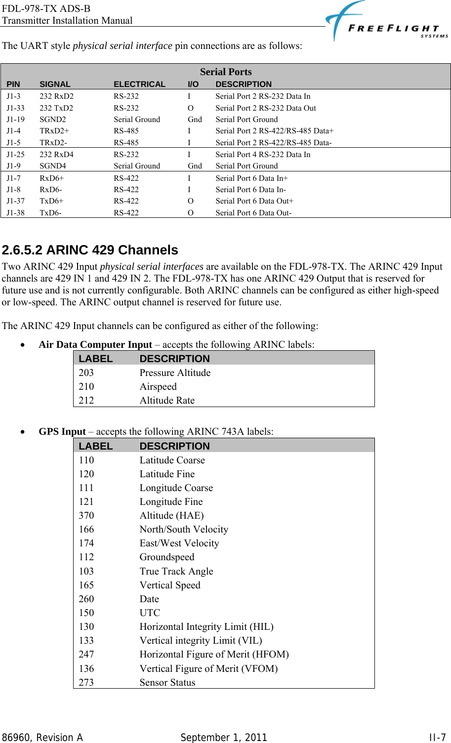 FDL-978-TX ADS-B Transmitter Installation Manual   86960, Revision A  September 1, 2011   II-7The UART style physical serial interface pin connections are as follows:  Serial Ports PIN  SIGNAL  ELECTRICAL  I/O  DESCRIPTION J1-3  232 RxD2  RS-232  I  Serial Port 2 RS-232 Data In J1-33  232 TxD2  RS-232  O  Serial Port 2 RS-232 Data Out J1-19  SGND2  Serial Ground  Gnd  Serial Port Ground J1-4  TRxD2+  RS-485  I  Serial Port 2 RS-422/RS-485 Data+ J1-5  TRxD2-  RS-485  I  Serial Port 2 RS-422/RS-485 Data- J1-25  232 RxD4  RS-232  I  Serial Port 4 RS-232 Data In J1-9  SGND4  Serial Ground  Gnd  Serial Port Ground J1-7  RxD6+  RS-422  I  Serial Port 6 Data In+ J1-8  RxD6-  RS-422  I  Serial Port 6 Data In- J1-37  TxD6+  RS-422  O  Serial Port 6 Data Out+ J1-38  TxD6-  RS-422  O  Serial Port 6 Data Out-  2.6.5.2 ARINC 429 Channels Two ARINC 429 Input physical serial interfaces are available on the FDL-978-TX. The ARINC 429 Input channels are 429 IN 1 and 429 IN 2. The FDL-978-TX has one ARINC 429 Output that is reserved for future use and is not currently configurable. Both ARINC channels can be configured as either high-speed or low-speed. The ARINC output channel is reserved for future use.  The ARINC 429 Input channels can be configured as either of the following: • Air Data Computer Input – accepts the following ARINC labels: LABEL  DESCRIPTION 203 Pressure Altitude 210 Airspeed 212 Altitude Rate  • GPS Input – accepts the following ARINC 743A labels: LABEL  DESCRIPTION 110 Latitude Coarse 120 Latitude Fine 111 Longitude Coarse 121 Longitude Fine 370 Altitude (HAE) 166 North/South Velocity 174 East/West Velocity 112 Groundspeed 103 True Track Angle 165 Vertical Speed 260 Date 150 UTC 130  Horizontal Integrity Limit (HIL) 133  Vertical integrity Limit (VIL) 247  Horizontal Figure of Merit (HFOM) 136  Vertical Figure of Merit (VFOM) 273 Sensor Status  