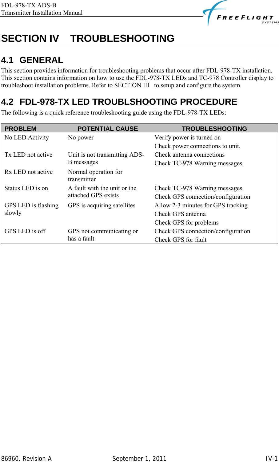 FDL-978-TX ADS-B Transmitter Installation Manual   86960, Revision A  September 1, 2011   IV-1SECTION IV    TROUBLESHOOTING 4.1 GENERAL This section provides information for troubleshooting problems that occur after FDL-978-TX installation. This section contains information on how to use the FDL-978-TX LEDs and TC-978 Controller display to troubleshoot installation problems. Refer to SECTION III   to setup and configure the system. 4.2  FDL-978-TX LED TROUBLSHOOTING PROCEDURE The following is a quick reference troubleshooting guide using the FDL-978-TX LEDs:  PROBLEM  POTENTIAL CAUSE  TROUBLESHOOTING No LED Activity  No power  Verify power is turned on Check power connections to unit. Tx LED not active  Unit is not transmitting ADS-B messages Check antenna connections Check TC-978 Warning messages Rx LED not active  Normal operation for transmitter  Status LED is on  A fault with the unit or the attached GPS exists Check TC-978 Warning messages Check GPS connection/configuration GPS LED is flashing slowly GPS is acquiring satellites  Allow 2-3 minutes for GPS tracking Check GPS antenna Check GPS for problems GPS LED is off  GPS not communicating or has a fault Check GPS connection/configuration Check GPS for fault  