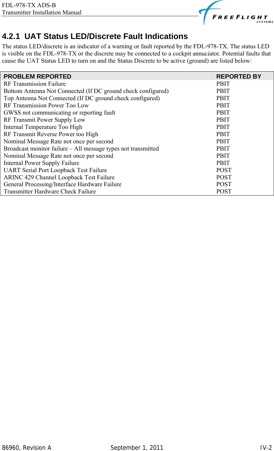 FDL-978-TX ADS-B Transmitter Installation Manual   86960, Revision A  September 1, 2011   IV-24.2.1 UAT Status LED/Discrete Fault Indications The status LED/discrete is an indicator of a warning or fault reported by the FDL-978-TX. The status LED is visible on the FDL-978-TX or the discrete may be connected to a cockpit annuciator. Potential faults that cause the UAT Status LED to turn on and the Status Discrete to be active (ground) are listed below:  PROBLEM REPORTED  REPORTED BY RF Transmission Failure  PBIT Bottom Antenna Not Connected (If DC ground check configured)  PBIT Top Antenna Not Connected (If DC ground check configured)  PBIT RF Transmission Power Too Low  PBIT GWSS not communicating or reporting fault  PBIT RF Transmit Power Supply Low  PBIT Internal Temperature Too High  PBIT RF Transmit Reverse Power too High  PBIT Nominal Message Rate not once per second  PBIT Broadcast monitor failure – All message types not transmitted  PBIT Nominal Message Rate not once per second  PBIT Internal Power Supply Failure  PBIT UART Serial Port Loopback Test Failure  POST ARINC 429 Channel Loopback Test Failure  POST General Processing/Interface Hardware Failure  POST Transmitter Hardware Check Failure  POST  