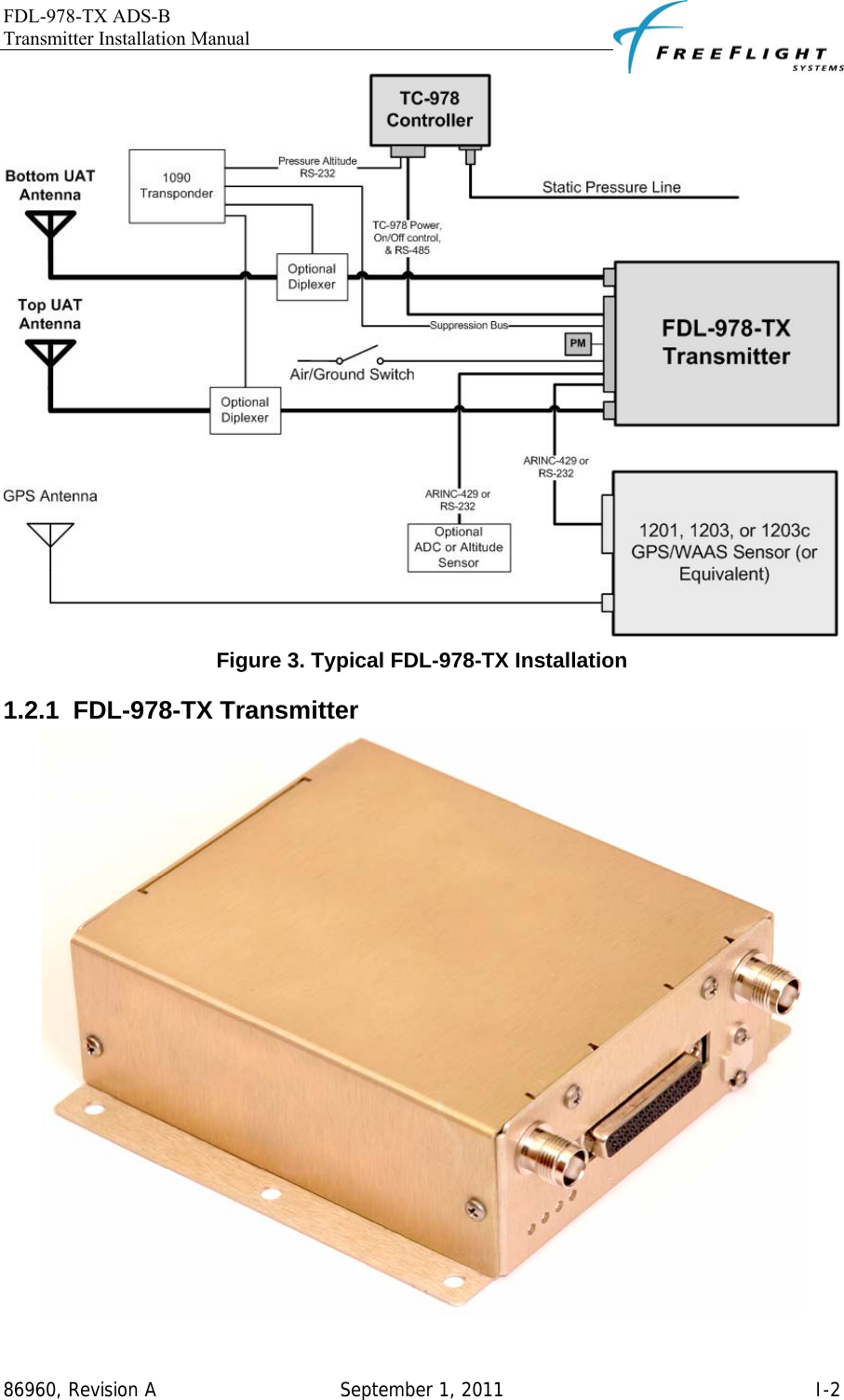 FDL-978-TX ADS-B Transmitter Installation Manual   86960, Revision A  September 1, 2011   I-2 Figure 3. Typical FDL-978-TX Installation 1.2.1 FDL-978-TX Transmitter  