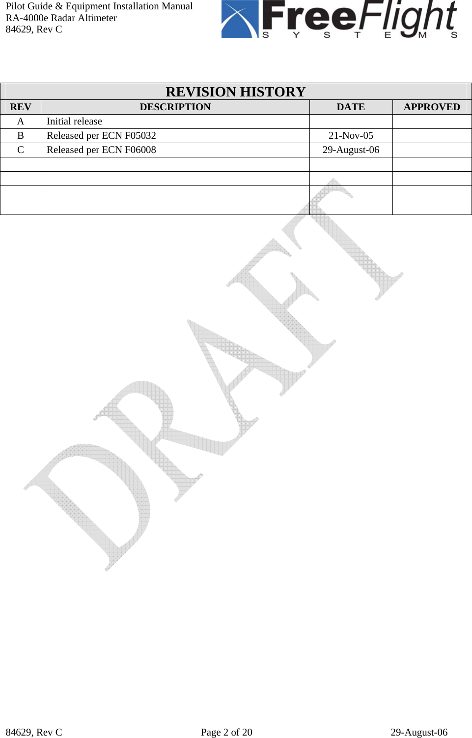 Pilot Guide &amp; Equipment Installation Manual RA-4000e Radar Altimeter 84629, Rev C   84629, Rev C  Page 2 of 20  29-August-06   REVISION HISTORY REV  DESCRIPTION DATE APPROVED A Initial release     B  Released per ECN F05032  21-Nov-05   C  Released per ECN F06008  29-August-06                            