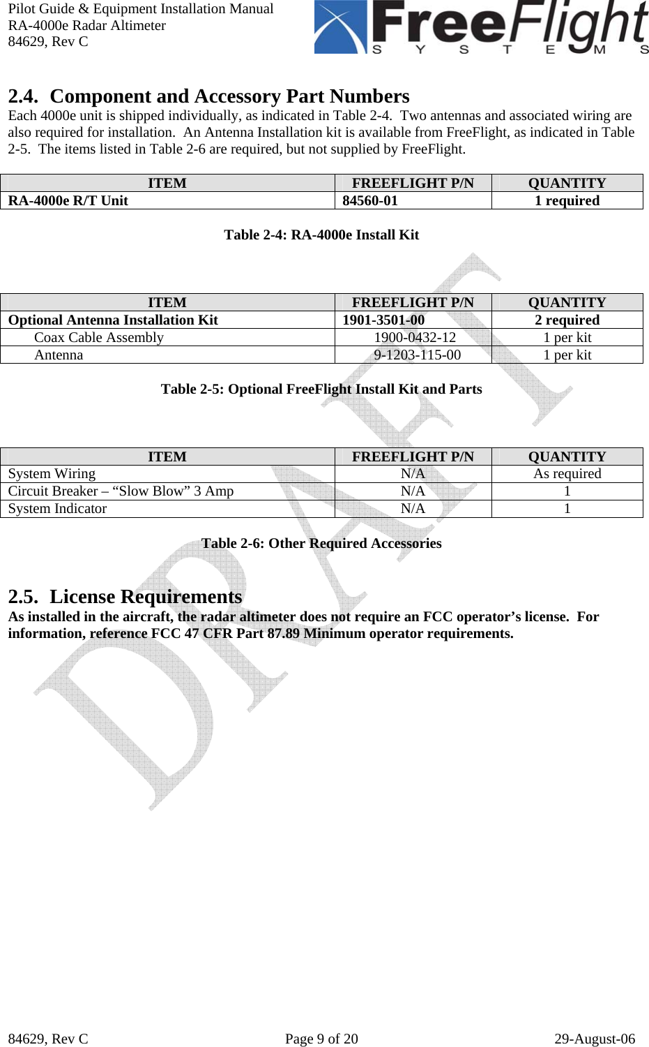 Pilot Guide &amp; Equipment Installation Manual RA-4000e Radar Altimeter 84629, Rev C   84629, Rev C  Page 9 of 20  29-August-06 2.4. Component and Accessory Part Numbers Each 4000e unit is shipped individually, as indicated in Table 2-4.  Two antennas and associated wiring are also required for installation.  An Antenna Installation kit is available from FreeFlight, as indicated in Table 2-5.  The items listed in Table 2-6 are required, but not supplied by FreeFlight.  ITEM  FREEFLIGHT P/N  QUANTITY RA-4000e R/T Unit  84560-01  1 required  Table 2-4: RA-4000e Install Kit    ITEM  FREEFLIGHT P/N  QUANTITY Optional Antenna Installation Kit  1901-3501-00  2 required Coax Cable Assembly  1900-0432-12  1 per kit Antenna 9-1203-115-00 1 per kit  Table 2-5: Optional FreeFlight Install Kit and Parts    ITEM  FREEFLIGHT P/N  QUANTITY System Wiring  N/A  As required Circuit Breaker – “Slow Blow” 3 Amp  N/A  1 System Indicator  N/A  1  Table 2-6: Other Required Accessories   2.5. License Requirements As installed in the aircraft, the radar altimeter does not require an FCC operator’s license.  For information, reference FCC 47 CFR Part 87.89 Minimum operator requirements. 