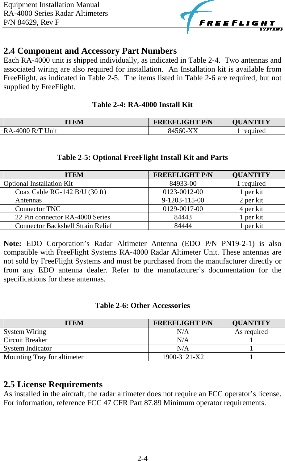 Equipment Installation Manual RA-4000 Series Radar Altimeters P/N 84629, Rev F    2-4  2.4 Component and Accessory Part Numbers Each RA-4000 unit is shipped individually, as indicated in Table 2-4.  Two antennas and associated wiring are also required for installation.  An Installation kit is available from FreeFlight, as indicated in Table 2-5.  The items listed in Table 2-6 are required, but not supplied by FreeFlight.  Table 2-4: RA-4000 Install Kit  ITEM  FREEFLIGHT P/N  QUANTITY RA-4000 R/T Unit  84560-XX  1 required   Table 2-5: Optional FreeFlight Install Kit and Parts  ITEM  FREEFLIGHT P/N  QUANTITY Optional Installation Kit  84933-00  1 required Coax Cable RG-142 B/U (30 ft)  0123-0012-00  1 per kit Antennas  9-1203-115-00  2 per kit Connector TNC  0129-0017-00  4 per kit 22 Pin connector RA-4000 Series  84443  1 per kit Connector Backshell Strain Relief  84444  1 per kit  Note: EDO Corporation’s Radar Altimeter Antenna (EDO P/N PN19-2-1) is also compatible with FreeFlight Systems RA-4000 Radar Altimeter Unit. These antennas are not sold by FreeFlight Systems and must be purchased from the manufacturer directly or from any EDO antenna dealer. Refer to the manufacturer’s documentation for the specifications for these antennas.   Table 2-6: Other Accessories  ITEM  FREEFLIGHT P/N  QUANTITY System Wiring  N/A  As required Circuit Breaker   N/A  1 System Indicator  N/A  1 Mounting Tray for altimeter  1900-3121-X2  1   2.5 License Requirements As installed in the aircraft, the radar altimeter does not require an FCC operator’s license.  For information, reference FCC 47 CFR Part 87.89 Minimum operator requirements. 