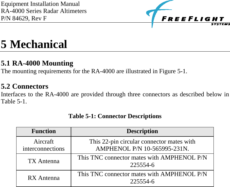 Equipment Installation Manual RA-4000 Series Radar Altimeters P/N 84629, Rev F      5 Mechanical  5.1 RA-4000 Mounting The mounting requirements for the RA-4000 are illustrated in Figure 5-1.  5.2 Connectors Interfaces to the RA-4000 are provided through three connectors as described below in Table 5-1.  Table 5-1: Connector Descriptions  Function  Description Aircraft interconnections  This 22-pin circular connector mates with  AMPHENOL P/N 10-565995-231N. TX Antenna  This TNC connector mates with AMPHENOL P/N 225554-6 RX Antenna  This TNC connector mates with AMPHENOL P/N 225554-6  