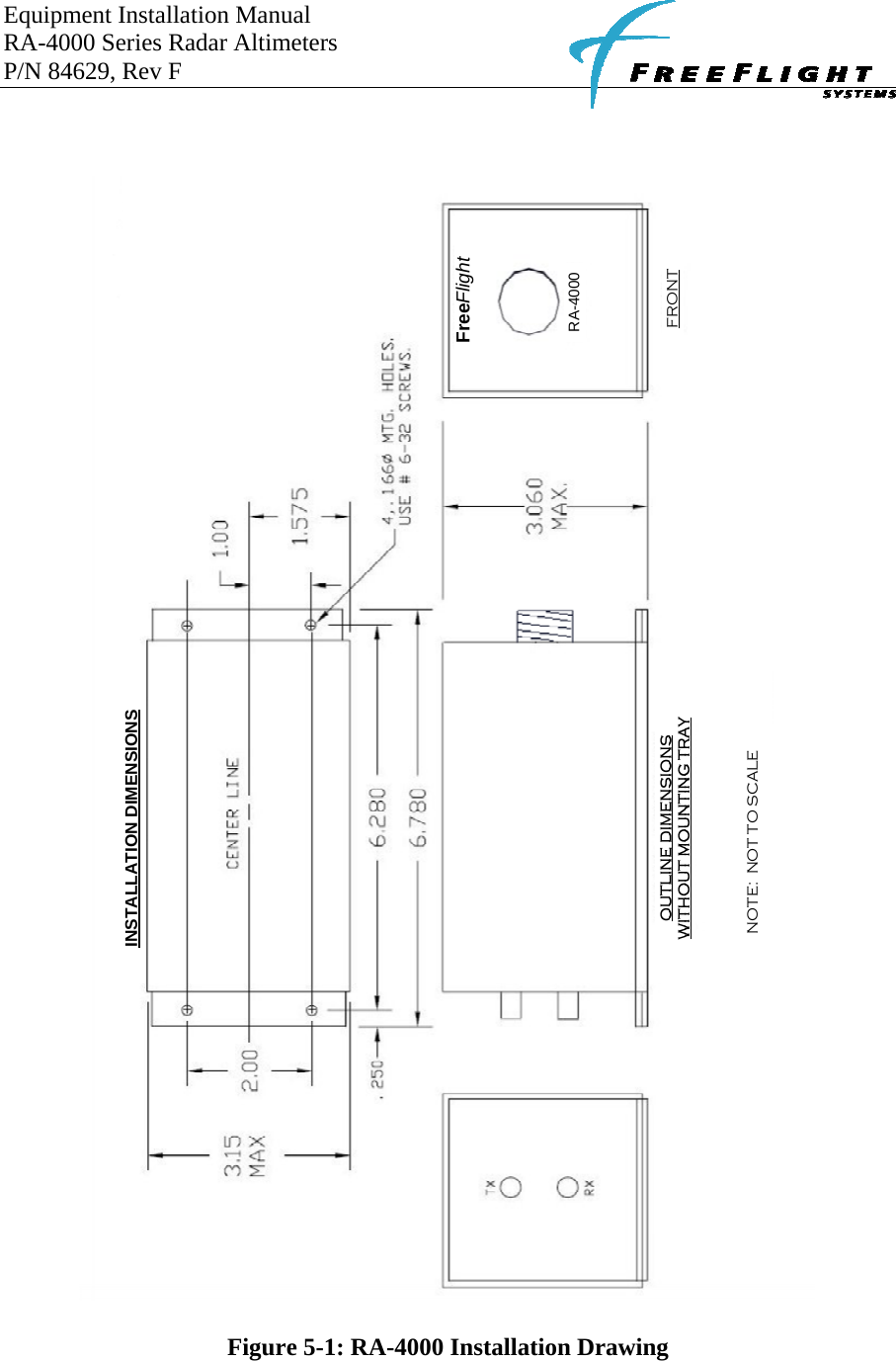 Equipment Installation Manual RA-4000 Series Radar Altimeters P/N 84629, Rev F       NOTE:  NOT TO SCALEFreeFlightRA-4000FRONTINSTALLATION DIMENSIONS  Figure 5-1: RA-4000 Installation Drawing  