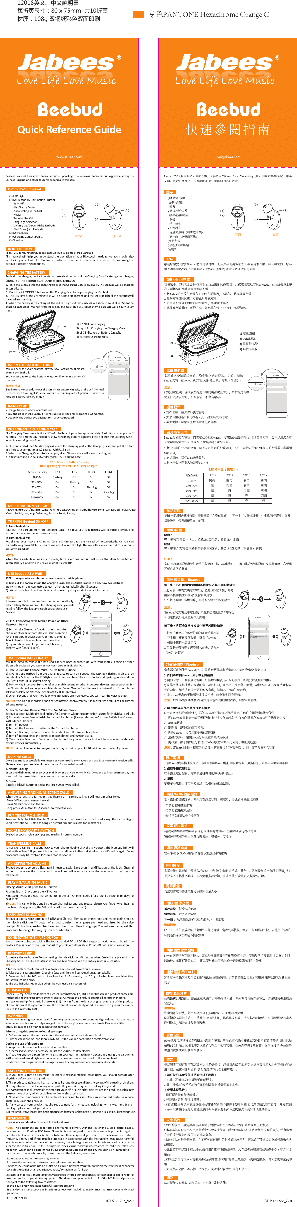 12018英文、中文說明書   每折页尺寸：80 x 75mm  共10折頁   材质：108g 双铜纸彩色双面印刷