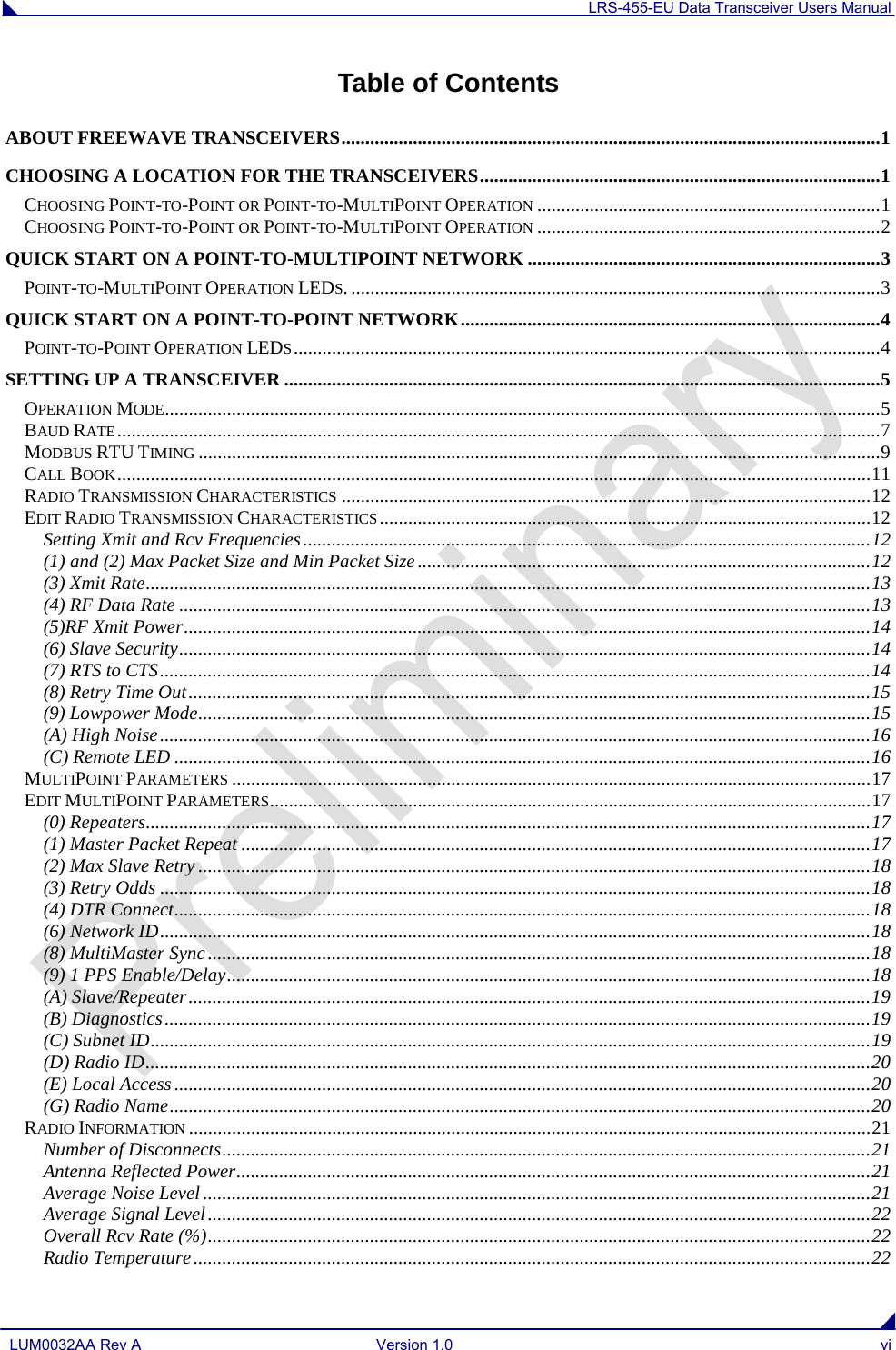 LRS-455-EU Data Transceiver Users Manual  LUM0032AA Rev A Version 1.0 vi  Table of Contents ABOUT FREEWAVE TRANSCEIVERS ................................................................................................................. 1 CHOOSING A LOCATION FOR THE TRANSCEIVERS .................................................................................... 1 CHOOSING POINT-TO-POINT OR POINT-TO-MULTIPOINT OPERATION ........................................................................ 1 CHOOSING POINT-TO-POINT OR POINT-TO-MULTIPOINT OPERATION ........................................................................ 2 QUICK START ON A POINT-TO-MULTIPOINT NETWORK .......................................................................... 3 POINT-TO-MULTIPOINT OPERATION LEDS. ............................................................................................................... 3 QUICK START ON A POINT-TO-POINT NETWORK ........................................................................................ 4 POINT-TO-POINT OPERATION LEDS ........................................................................................................................... 4 SETTING UP A TRANSCEIVER ............................................................................................................................. 5 OPERATION MODE ...................................................................................................................................................... 5 BAUD RATE ................................................................................................................................................................ 7 MODBUS RTU TIMING ............................................................................................................................................... 9 CALL BOOK .............................................................................................................................................................. 11 RADIO TRANSMISSION CHARACTERISTICS ............................................................................................................... 12 EDIT RADIO TRANSMISSION CHARACTERISTICS ....................................................................................................... 12 Setting Xmit and Rcv Frequencies ....................................................................................................................... 12 (1) and (2) Max Packet Size and Min Packet Size ............................................................................................... 12 (3) Xmit Rate ........................................................................................................................................................ 13 (4) RF Data Rate ................................................................................................................................................. 13 (5)RF Xmit Power ................................................................................................................................................ 14 (6) Slave Security ................................................................................................................................................. 14 (7) RTS to CTS ..................................................................................................................................................... 14 (8) Retry Time Out ............................................................................................................................................... 15 (9) Lowpower Mode ............................................................................................................................................. 15 (A) High Noise ..................................................................................................................................................... 16 (C) Remote LED .................................................................................................................................................. 16 MULTIPOINT PARAMETERS ...................................................................................................................................... 17 EDIT MULTIPOINT PARAMETERS .............................................................................................................................. 17 (0) Repeaters........................................................................................................................................................ 17 (1) Master Packet Repeat .................................................................................................................................... 17 (2) Max Slave Retry ............................................................................................................................................. 18 (3) Retry Odds ..................................................................................................................................................... 18 (4) DTR Connect .................................................................................................................................................. 18 (6) Network ID ..................................................................................................................................................... 18 (8) MultiMaster Sync ........................................................................................................................................... 18 (9) 1 PPS Enable/Delay ....................................................................................................................................... 18 (A) Slave/Repeater ............................................................................................................................................... 19 (B) Diagnostics .................................................................................................................................................... 19 (C) Subnet ID ....................................................................................................................................................... 19 (D) Radio ID ........................................................................................................................................................ 20 (E) Local Access .................................................................................................................................................. 20 (G) Radio Name ................................................................................................................................................... 20 RADIO INFORMATION ............................................................................................................................................... 21 Number of Disconnects ........................................................................................................................................ 21 Antenna Reflected Power ..................................................................................................................................... 21 Average Noise Level ............................................................................................................................................ 21 Average Signal Level ........................................................................................................................................... 22 Overall Rcv Rate (%) ........................................................................................................................................... 22 Radio Temperature .............................................................................................................................................. 22 