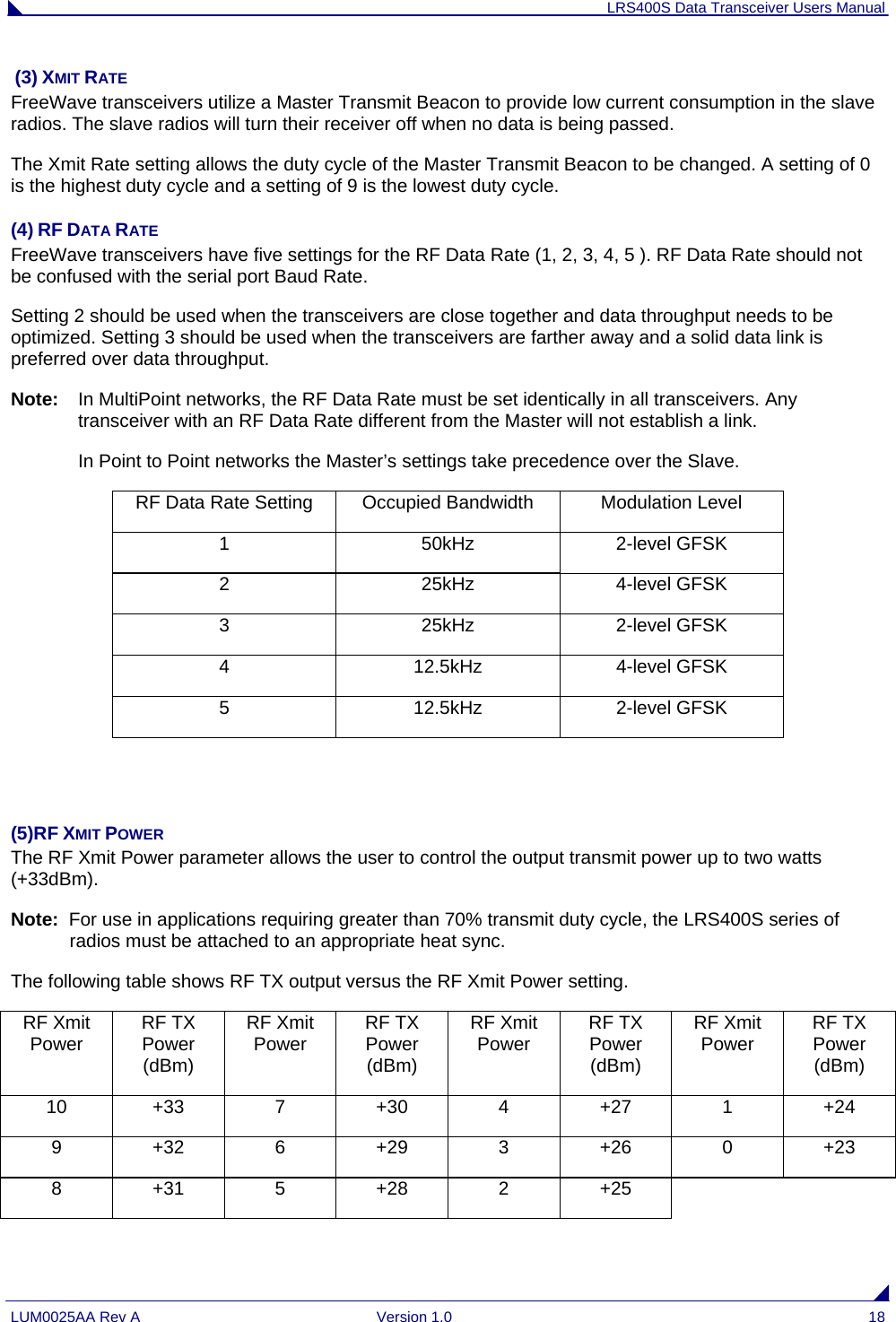 LRS400S Data Transceiver Users Manual LUM0025AA Rev A  Version 1.0  18  (3) XMIT RATE FreeWave transceivers utilize a Master Transmit Beacon to provide low current consumption in the slave radios. The slave radios will turn their receiver off when no data is being passed. The Xmit Rate setting allows the duty cycle of the Master Transmit Beacon to be changed. A setting of 0 is the highest duty cycle and a setting of 9 is the lowest duty cycle. (4) RF DATA RATE FreeWave transceivers have five settings for the RF Data Rate (1, 2, 3, 4, 5 ). RF Data Rate should not be confused with the serial port Baud Rate.  Setting 2 should be used when the transceivers are close together and data throughput needs to be optimized. Setting 3 should be used when the transceivers are farther away and a solid data link is preferred over data throughput. Note:   In MultiPoint networks, the RF Data Rate must be set identically in all transceivers. Any transceiver with an RF Data Rate different from the Master will not establish a link.    In Point to Point networks the Master’s settings take precedence over the Slave. RF Data Rate Setting  Occupied Bandwidth  Modulation Level 1 50kHz 2-level GFSK 2 25kHz 4-level GFSK 3 25kHz 2-level GFSK 4 12.5kHz 4-level GFSK 5 12.5kHz 2-level GFSK   (5)RF XMIT POWER The RF Xmit Power parameter allows the user to control the output transmit power up to two watts (+33dBm). Note:  For use in applications requiring greater than 70% transmit duty cycle, the LRS400S series of radios must be attached to an appropriate heat sync. The following table shows RF TX output versus the RF Xmit Power setting. RF Xmit Power  RF TX Power (dBm) RF Xmit Power  RF TX Power (dBm) RF Xmit Power  RF TX Power (dBm) RF Xmit Power  RF TX Power (dBm) 10 +33 7 +30 4 +27 1 +24 9 +32 6 +29 3 +26 0 +23 8 +31 5 +28 2 +25 