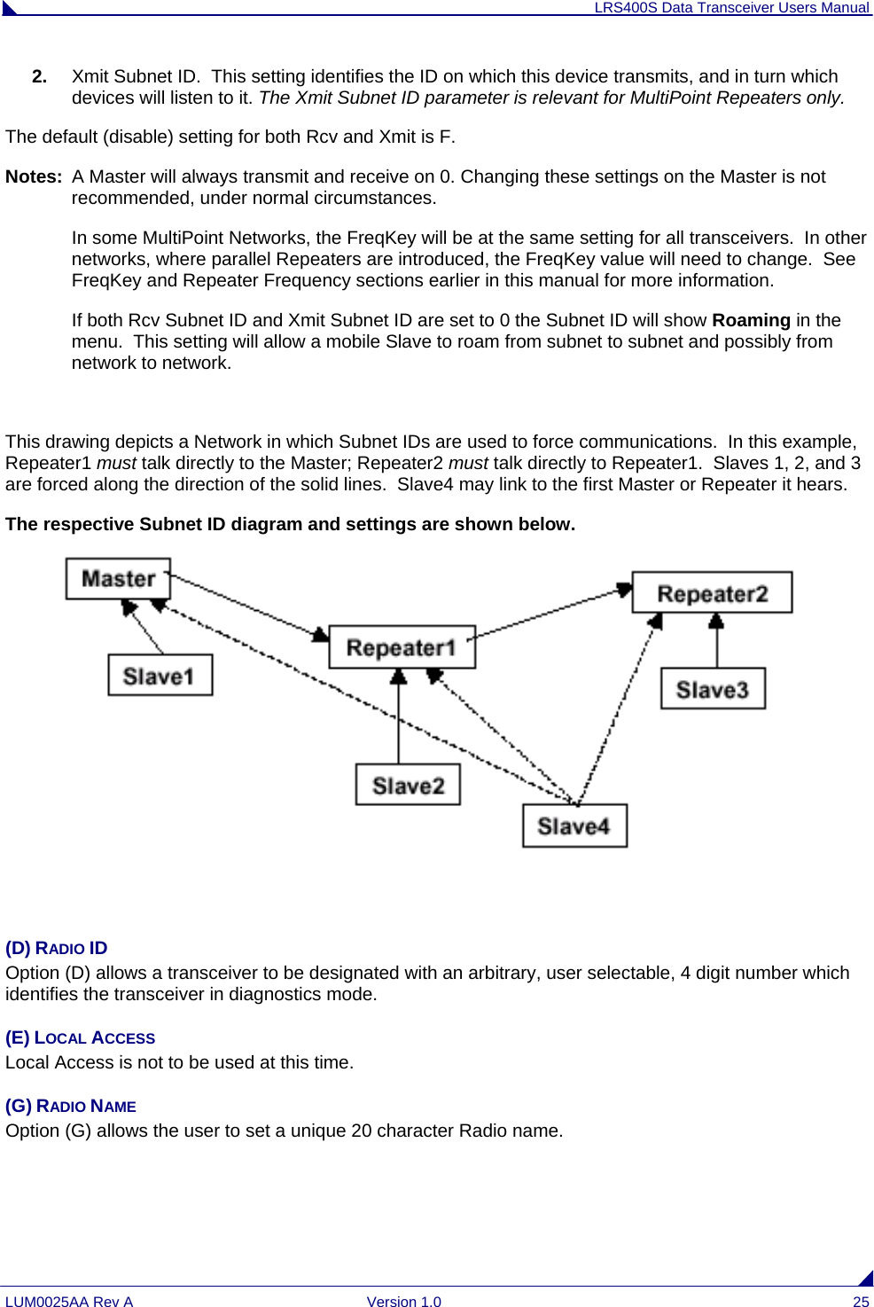 LRS400S Data Transceiver Users Manual LUM0025AA Rev A  Version 1.0  25 2.  Xmit Subnet ID.  This setting identifies the ID on which this device transmits, and in turn which devices will listen to it. The Xmit Subnet ID parameter is relevant for MultiPoint Repeaters only. The default (disable) setting for both Rcv and Xmit is F. Notes:  A Master will always transmit and receive on 0. Changing these settings on the Master is not recommended, under normal circumstances. In some MultiPoint Networks, the FreqKey will be at the same setting for all transceivers.  In other networks, where parallel Repeaters are introduced, the FreqKey value will need to change.  See FreqKey and Repeater Frequency sections earlier in this manual for more information. If both Rcv Subnet ID and Xmit Subnet ID are set to 0 the Subnet ID will show Roaming in the menu.  This setting will allow a mobile Slave to roam from subnet to subnet and possibly from network to network.   This drawing depicts a Network in which Subnet IDs are used to force communications.  In this example, Repeater1 must talk directly to the Master; Repeater2 must talk directly to Repeater1.  Slaves 1, 2, and 3 are forced along the direction of the solid lines.  Slave4 may link to the first Master or Repeater it hears.  The respective Subnet ID diagram and settings are shown below.                                                            (D) RADIO ID Option (D) allows a transceiver to be designated with an arbitrary, user selectable, 4 digit number which identifies the transceiver in diagnostics mode. (E) LOCAL ACCESS Local Access is not to be used at this time. (G) RADIO NAME Option (G) allows the user to set a unique 20 character Radio name.  