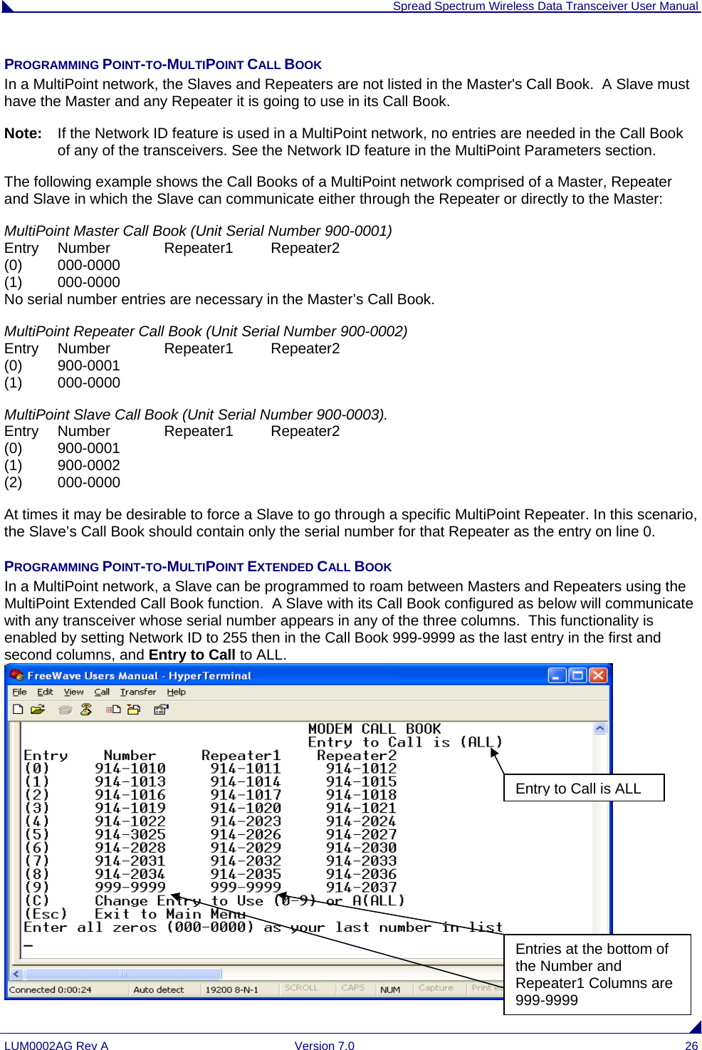  Spread Spectrum Wireless Data Transceiver User Manual LUM0002AG Rev A  Version 7.0  26 PROGRAMMING POINT-TO-MULTIPOINT CALL BOOK  In a MultiPoint network, the Slaves and Repeaters are not listed in the Master&apos;s Call Book.  A Slave must have the Master and any Repeater it is going to use in its Call Book.   Note:   If the Network ID feature is used in a MultiPoint network, no entries are needed in the Call Book of any of the transceivers. See the Network ID feature in the MultiPoint Parameters section. The following example shows the Call Books of a MultiPoint network comprised of a Master, Repeater and Slave in which the Slave can communicate either through the Repeater or directly to the Master: MultiPoint Master Call Book (Unit Serial Number 900-0001)                                                                   Entry   Number   Repeater1   Repeater2                                                                                          (0)  000-0000                                                                                                                                        (1)   000-0000                                                                                                                                        No serial number entries are necessary in the Master’s Call Book.  MultiPoint Repeater Call Book (Unit Serial Number 900-0002)                                                                       Entry   Number   Repeater1   Repeater2                                                                                   (0)   900-0001                                                                                                                                        (1)   000-0000 MultiPoint Slave Call Book (Unit Serial Number 900-0003).                                                                     Entry   Number   Repeater1   Repeater2                                                                                   (0)   900-0001                                                                                                                                         (1)   900-0002                                                                                                                                        (2)   000-0000 At times it may be desirable to force a Slave to go through a specific MultiPoint Repeater. In this scenario, the Slave’s Call Book should contain only the serial number for that Repeater as the entry on line 0. PROGRAMMING POINT-TO-MULTIPOINT EXTENDED CALL BOOK In a MultiPoint network, a Slave can be programmed to roam between Masters and Repeaters using the MultiPoint Extended Call Book function.  A Slave with its Call Book configured as below will communicate with any transceiver whose serial number appears in any of the three columns.  This functionality is enabled by setting Network ID to 255 then in the Call Book 999-9999 as the last entry in the first and second columns, and Entry to Call to ALL.  Entry to Call is ALLEntries at the bottom of the Number and Repeater1 Columns are 999-9999 
