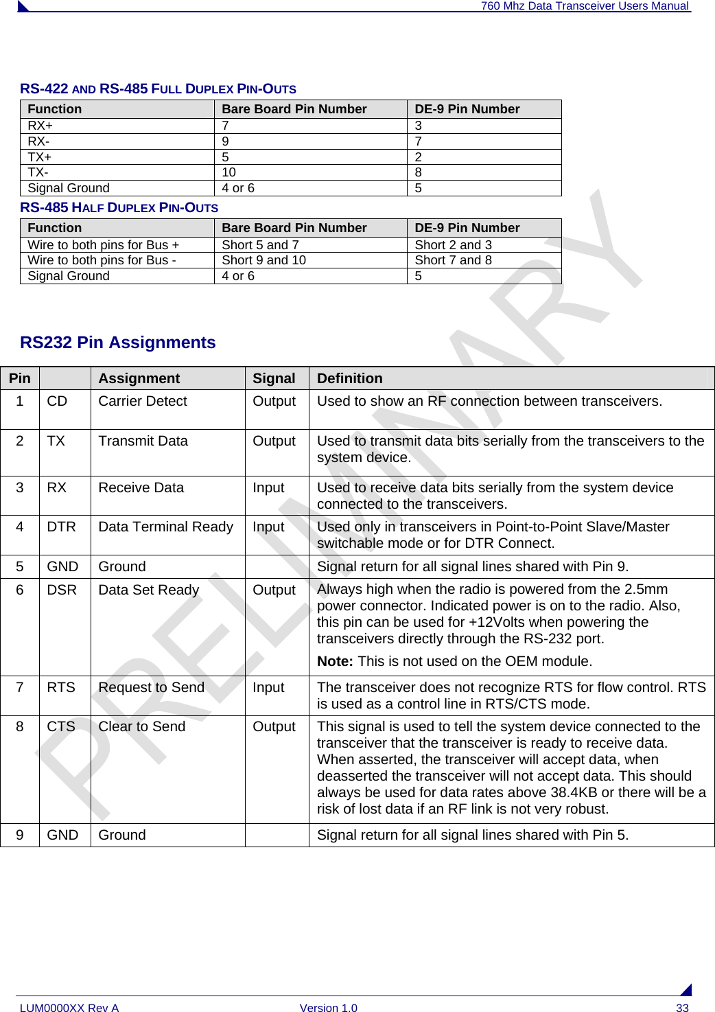 760 Mhz Data Transceiver Users Manual LUM0000XX Rev A  Version 1.0  33  RS-422 AND RS-485 FULL DUPLEX PIN-OUTS Function  Bare Board Pin Number  DE-9 Pin Number RX+ 7  3 RX- 9  7 TX+ 5  2 TX- 10  8 Signal Ground  4 or 6  5 RS-485 HALF DUPLEX PIN-OUTS Function  Bare Board Pin Number  DE-9 Pin Number Wire to both pins for Bus +  Short 5 and 7  Short 2 and 3 Wire to both pins for Bus -  Short 9 and 10  Short 7 and 8 Signal Ground  4 or 6  5  RS232 Pin Assignments Pin   Assignment  Signal  Definition 1  CD  Carrier Detect  Output  Used to show an RF connection between transceivers. 2 TX  Transmit Data  Output Used to transmit data bits serially from the transceivers to the system device. 3 RX  Receive Data  Input  Used to receive data bits serially from the system device connected to the transceivers. 4  DTR  Data Terminal Ready  Input  Used only in transceivers in Point-to-Point Slave/Master switchable mode or for DTR Connect.  5  GND  Ground    Signal return for all signal lines shared with Pin 9. 6  DSR  Data Set Ready  Output  Always high when the radio is powered from the 2.5mm power connector. Indicated power is on to the radio. Also, this pin can be used for +12Volts when powering the transceivers directly through the RS-232 port. Note: This is not used on the OEM module. 7  RTS  Request to Send  Input  The transceiver does not recognize RTS for flow control. RTS is used as a control line in RTS/CTS mode. 8  CTS  Clear to Send  Output  This signal is used to tell the system device connected to the transceiver that the transceiver is ready to receive data. When asserted, the transceiver will accept data, when deasserted the transceiver will not accept data. This should always be used for data rates above 38.4KB or there will be a risk of lost data if an RF link is not very robust. 9  GND  Ground    Signal return for all signal lines shared with Pin 5.  