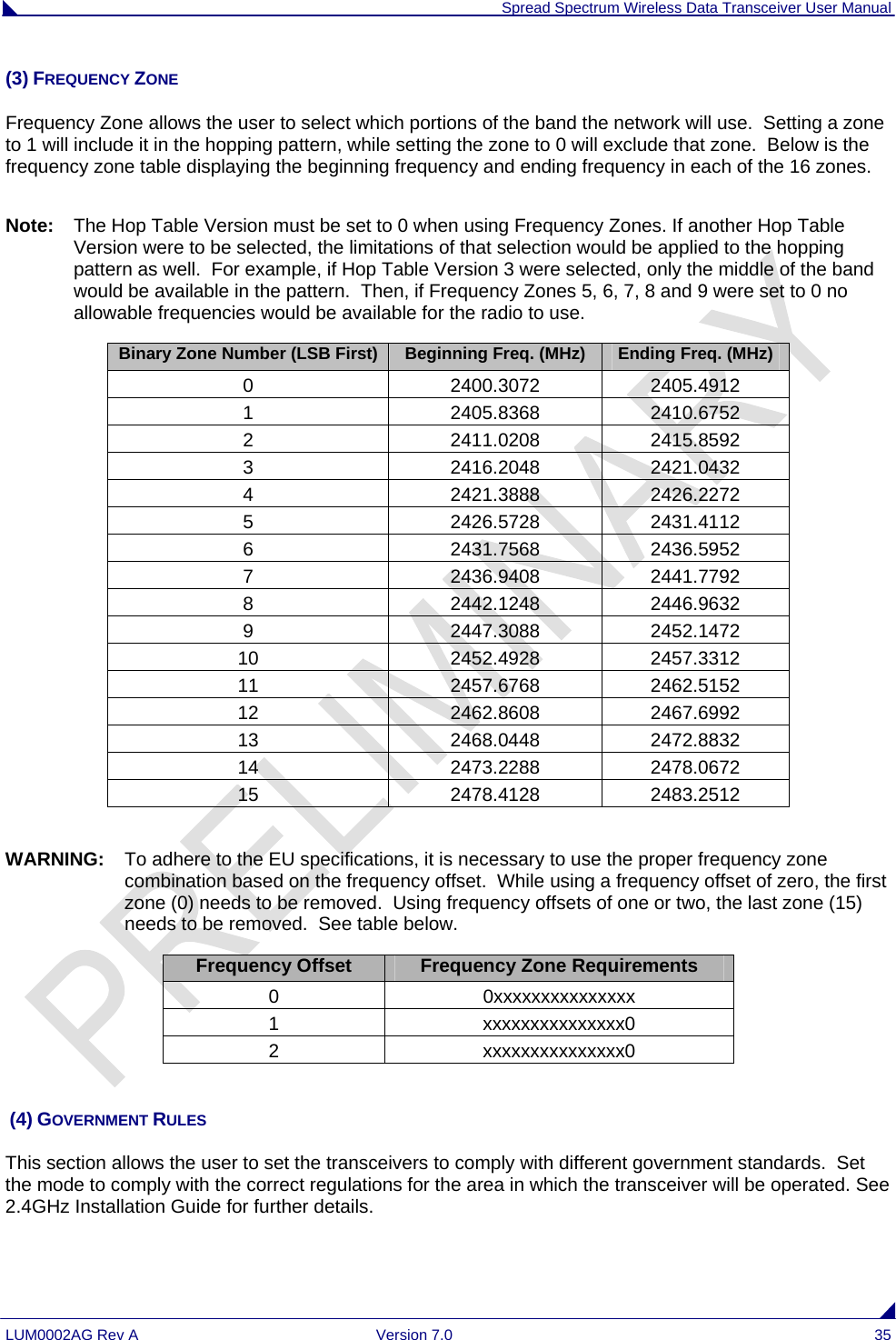  Spread Spectrum Wireless Data Transceiver User Manual LUM0002AG Rev A  Version 7.0  35 (3) FREQUENCY ZONE Frequency Zone allows the user to select which portions of the band the network will use.  Setting a zone to 1 will include it in the hopping pattern, while setting the zone to 0 will exclude that zone.  Below is the frequency zone table displaying the beginning frequency and ending frequency in each of the 16 zones.  Note:   The Hop Table Version must be set to 0 when using Frequency Zones. If another Hop Table Version were to be selected, the limitations of that selection would be applied to the hopping pattern as well.  For example, if Hop Table Version 3 were selected, only the middle of the band would be available in the pattern.  Then, if Frequency Zones 5, 6, 7, 8 and 9 were set to 0 no allowable frequencies would be available for the radio to use. Binary Zone Number (LSB First) Beginning Freq. (MHz) Ending Freq. (MHz) 0 2400.3072 2405.4912 1 2405.8368 2410.6752 2 2411.0208 2415.8592 3 2416.2048 2421.0432 4 2421.3888 2426.2272 5 2426.5728 2431.4112 6 2431.7568 2436.5952 7 2436.9408 2441.7792 8 2442.1248 2446.9632 9 2447.3088 2452.1472 10 2452.4928 2457.3312 11 2457.6768 2462.5152 12 2462.8608 2467.6992 13 2468.0448 2472.8832 14 2473.2288 2478.0672 15 2478.4128 2483.2512  WARNING:  To adhere to the EU specifications, it is necessary to use the proper frequency zone combination based on the frequency offset.  While using a frequency offset of zero, the first zone (0) needs to be removed.  Using frequency offsets of one or two, the last zone (15) needs to be removed.  See table below.  Frequency Offset  Frequency Zone Requirements 0 0xxxxxxxxxxxxxxx 1 xxxxxxxxxxxxxxx0 2 xxxxxxxxxxxxxxx0    (4) GOVERNMENT RULES This section allows the user to set the transceivers to comply with different government standards.  Set the mode to comply with the correct regulations for the area in which the transceiver will be operated. See 2.4GHz Installation Guide for further details. 