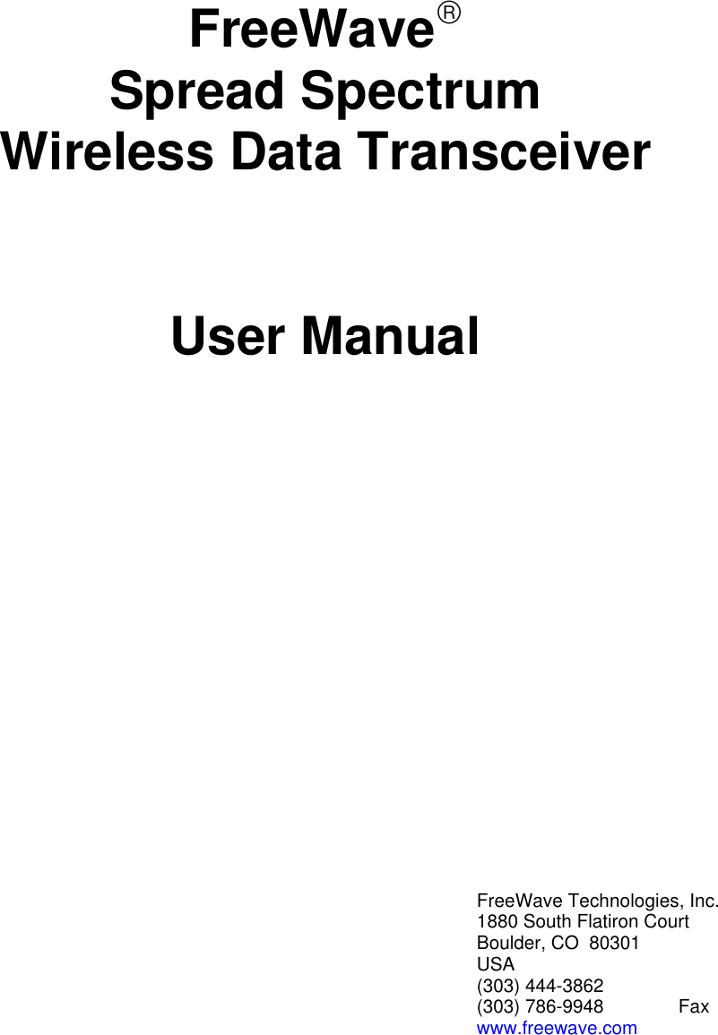 FreeWave Technologies 6231812519 Wireless Data Transceiver User Manual
