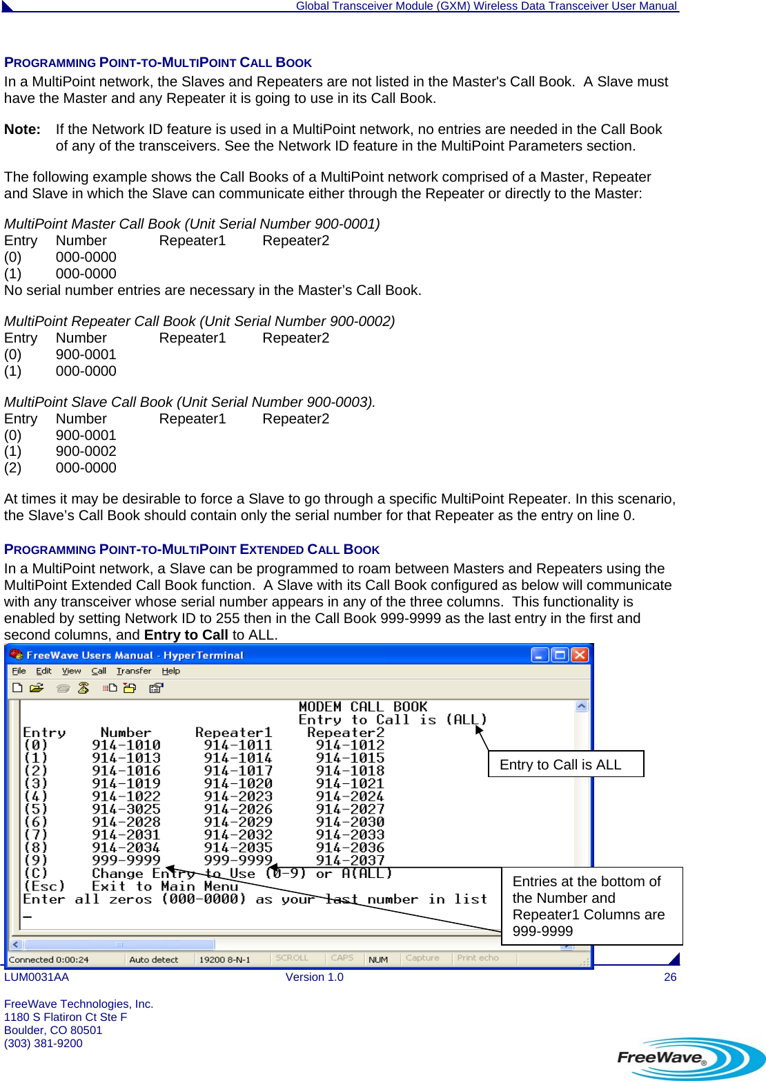  Global Transceiver Module (GXM) Wireless Data Transceiver User Manual LUM0031AA Version 1.0  26 PROGRAMMING POINT-TO-MULTIPOINT CALL BOOK  In a MultiPoint network, the Slaves and Repeaters are not listed in the Master&apos;s Call Book.  A Slave must have the Master and any Repeater it is going to use in its Call Book.   Note:   If the Network ID feature is used in a MultiPoint network, no entries are needed in the Call Book of any of the transceivers. See the Network ID feature in the MultiPoint Parameters section. The following example shows the Call Books of a MultiPoint network comprised of a Master, Repeater and Slave in which the Slave can communicate either through the Repeater or directly to the Master: MultiPoint Master Call Book (Unit Serial Number 900-0001)                                                                   Entry   Number   Repeater1   Repeater2                                                                                          (0)  000-0000                                                                                                                                        (1)   000-0000                                                                                                                                        No serial number entries are necessary in the Master’s Call Book.  MultiPoint Repeater Call Book (Unit Serial Number 900-0002)                                                                       Entry   Number   Repeater1   Repeater2                                                                                   (0)   900-0001                                                                                                                                        (1)   000-0000 MultiPoint Slave Call Book (Unit Serial Number 900-0003).                                                                     Entry   Number   Repeater1   Repeater2                                                                                   (0)   900-0001                                                                                                                                         (1)   900-0002                                                                                                                                        (2)   000-0000 At times it may be desirable to force a Slave to go through a specific MultiPoint Repeater. In this scenario, the Slave’s Call Book should contain only the serial number for that Repeater as the entry on line 0. PROGRAMMING POINT-TO-MULTIPOINT EXTENDED CALL BOOK In a MultiPoint network, a Slave can be programmed to roam between Masters and Repeaters using the MultiPoint Extended Call Book function.  A Slave with its Call Book configured as below will communicate with any transceiver whose serial number appears in any of the three columns.  This functionality is enabled by setting Network ID to 255 then in the Call Book 999-9999 as the last entry in the first and second columns, and Entry to Call to ALL.  Entry to Call is ALLEntries at the bottom of the Number and Repeater1 Columns are 999-9999  FreeWave Technologies, Inc. 1180 S Flatiron Ct Ste F Boulder, CO 80501 (303) 381-9200   