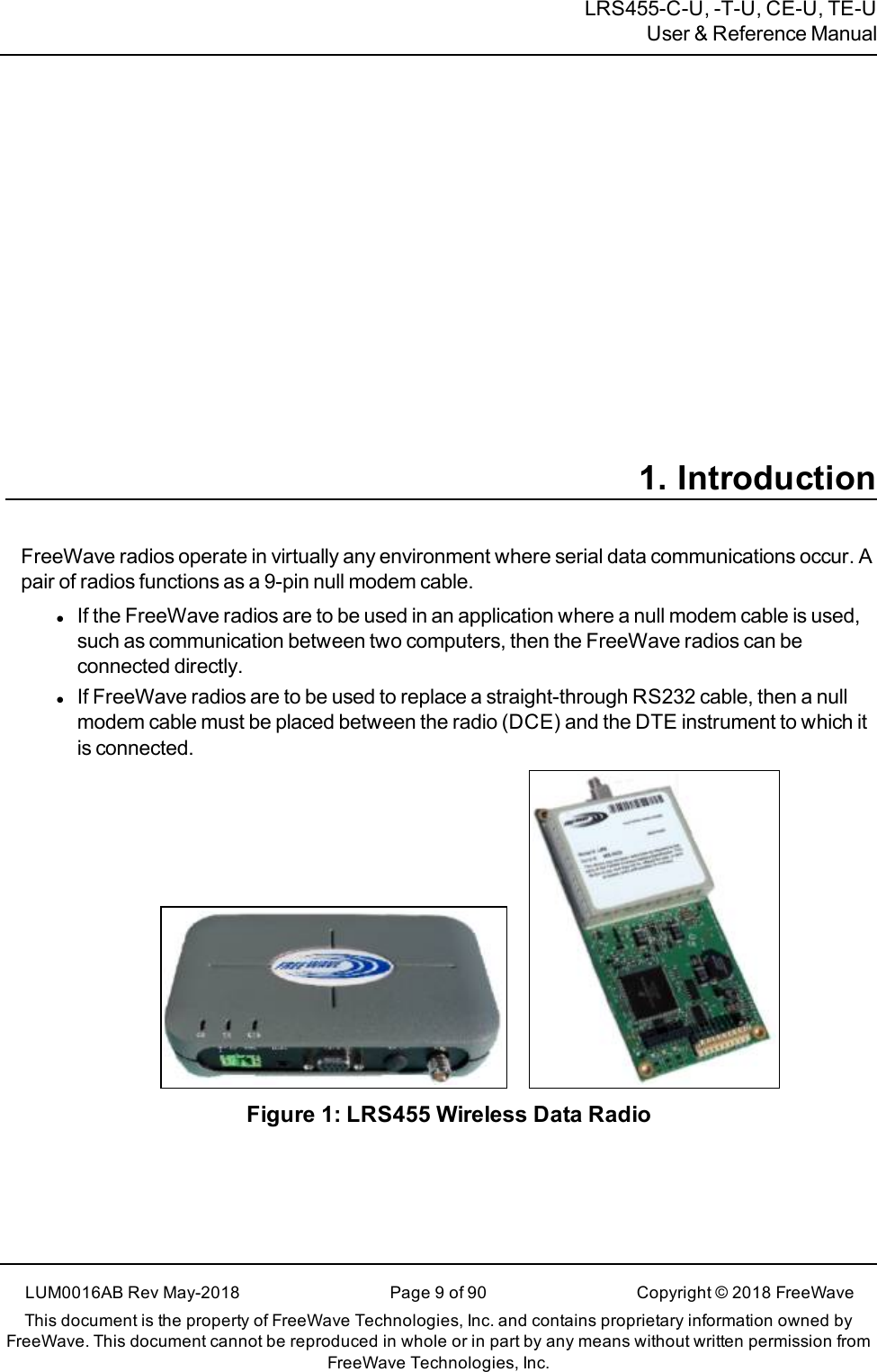 LRS455-C-U, -T-U, CE-U, TE-UUser &amp; Reference Manual1. IntroductionFreeWave radios operate in virtually any environment where serial data communications occur. Apair of radios functions as a 9-pin null modem cable.lIf the FreeWave radios are to be used in an application where a null modem cable is used,such as communication between two computers, then the FreeWave radios can beconnected directly.lIf FreeWave radios are to be used to replace a straight-through RS232 cable, then a nullmodem cable must be placed between the radio (DCE) and the DTE instrument to which itis connected.Figure 1: LRS455 Wireless Data RadioLUM0016AB Rev May-2018 Page 9 of 90 Copyright © 2018FreeWaveThis document is the property of FreeWave Technologies, Inc. and contains proprietary information owned byFreeWave. This document cannot be reproduced in whole or in part by any means without written permission fromFreeWave Technologies, Inc.