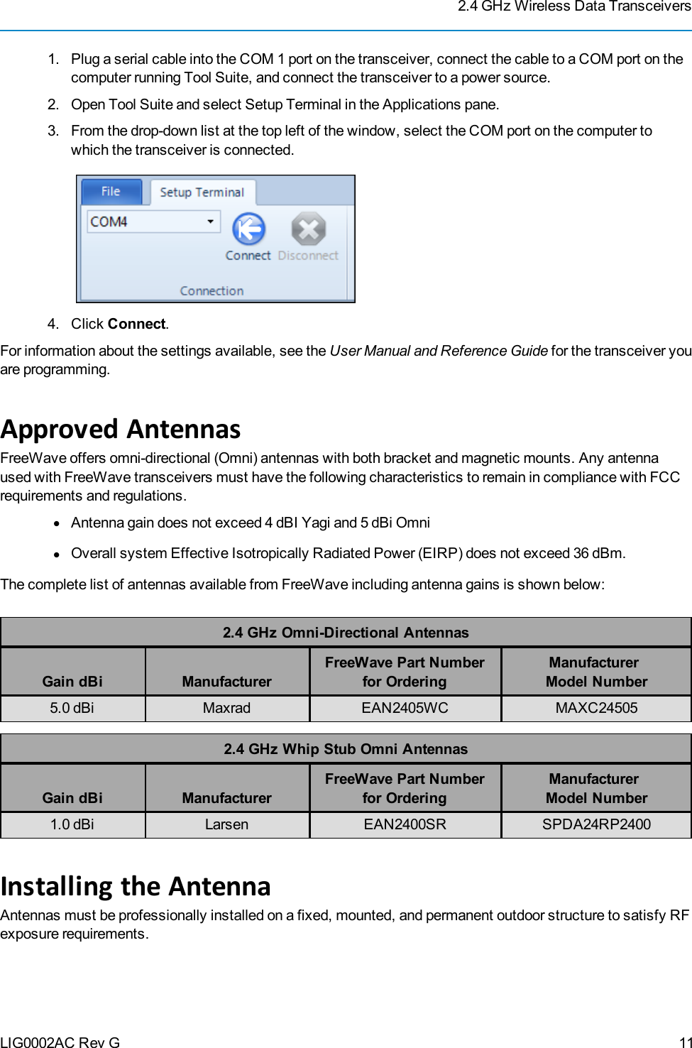 2.4 GHz Wireless Data TransceiversLIG0002AC Rev G1. Plug a serial cable into the COM 1 port on the transceiver, connect the cable to a COM port on thecomputer running Tool Suite, and connect the transceiver to a power source.2. OpenToolSuite and select Setup Terminal in the Applications pane.3. From the drop-down list at the top left of the window, select the COM port on the computer towhich the transceiver is connected.4. Click Connect.For information about the settings available, see the User Manual and Reference Guide for the transceiver youare programming.Approved AntennasFreeWave offers omni-directional (Omni) antennas with both bracket and magnetic mounts. Any antennaused with FreeWave transceivers must have the following characteristics to remain in compliance with FCCrequirements and regulations.lAntenna gain does not exceed 4 dBI Yagi and 5 dBi OmnilOverall system Effective IsotropicallyRadiated Power (EIRP) does not exceed 36dBm.The complete list of antennas available fromFreeWave including antenna gains is shown below:2.4 GHz Omni-Directional AntennasGain dBi ManufacturerFreeWave Part Numberfor OrderingManufacturerModel Number5.0 dBi Maxrad EAN2405WC MAXC245052.4 GHz Whip Stub Omni AntennasGain dBi ManufacturerFreeWave Part Numberfor OrderingManufacturerModel Number1.0 dBi Larsen EAN2400SR SPDA24RP2400Installing the AntennaAntennas must be professionally installed on a fixed, mounted, and permanent outdoor structure to satisfy RFexposure requirements.11