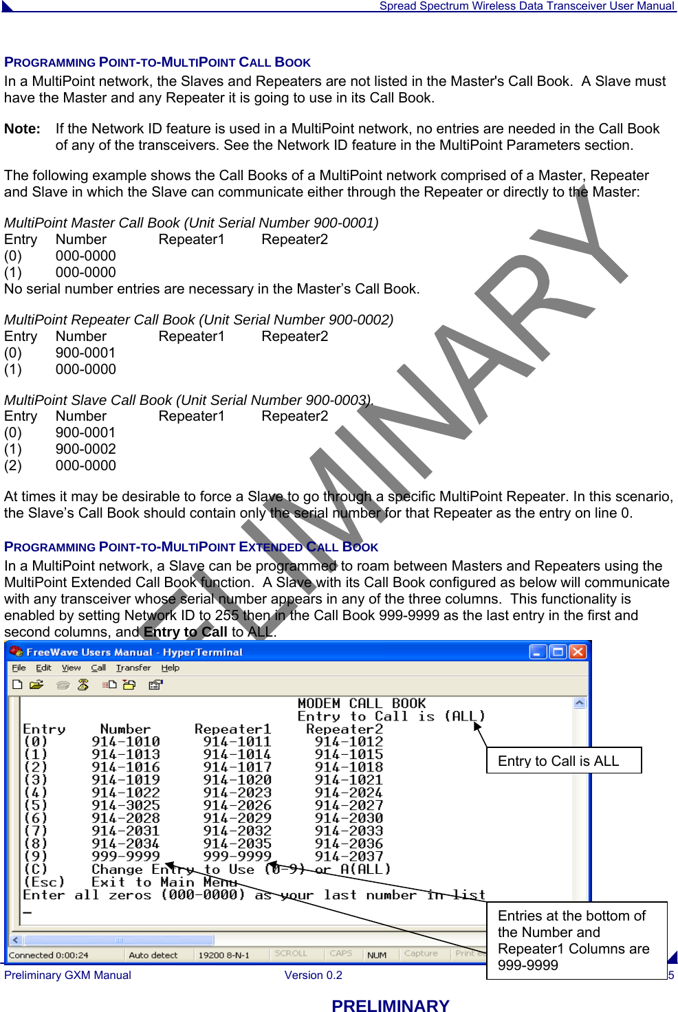  Spread Spectrum Wireless Data Transceiver User Manual Preliminary GXM Manual  Version 0.2  25 PRELIMINARY PROGRAMMING POINT-TO-MULTIPOINT CALL BOOK  In a MultiPoint network, the Slaves and Repeaters are not listed in the Master&apos;s Call Book.  A Slave must have the Master and any Repeater it is going to use in its Call Book.   Note:   If the Network ID feature is used in a MultiPoint network, no entries are needed in the Call Book of any of the transceivers. See the Network ID feature in the MultiPoint Parameters section. The following example shows the Call Books of a MultiPoint network comprised of a Master, Repeater and Slave in which the Slave can communicate either through the Repeater or directly to the Master: MultiPoint Master Call Book (Unit Serial Number 900-0001)                                                                   Entry   Number   Repeater1   Repeater2                                                                                          (0)  000-0000                                                                                                                                        (1)   000-0000                                                                                                                                        No serial number entries are necessary in the Master’s Call Book.  MultiPoint Repeater Call Book (Unit Serial Number 900-0002)                                                                       Entry   Number   Repeater1   Repeater2                                                                                   (0)   900-0001                                                                                                                                        (1)   000-0000 MultiPoint Slave Call Book (Unit Serial Number 900-0003).                                                                     Entry   Number   Repeater1   Repeater2                                                                                   (0)   900-0001                                                                                                                                         (1)   900-0002                                                                                                                                        (2)   000-0000 At times it may be desirable to force a Slave to go through a specific MultiPoint Repeater. In this scenario, the Slave’s Call Book should contain only the serial number for that Repeater as the entry on line 0. PROGRAMMING POINT-TO-MULTIPOINT EXTENDED CALL BOOK In a MultiPoint network, a Slave can be programmed to roam between Masters and Repeaters using the MultiPoint Extended Call Book function.  A Slave with its Call Book configured as below will communicate with any transceiver whose serial number appears in any of the three columns.  This functionality is enabled by setting Network ID to 255 then in the Call Book 999-9999 as the last entry in the first and second columns, and Entry to Call to ALL.  Entry to Call is ALLEntries at the bottom of the Number and Repeater1 Columns are 999-9999 