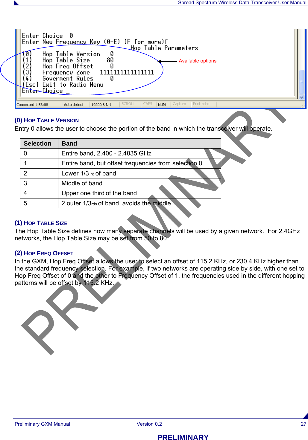  Spread Spectrum Wireless Data Transceiver User Manual Preliminary GXM Manual  Version 0.2  27 PRELIMINARY   (0) HOP TABLE VERSION Entry 0 allows the user to choose the portion of the band in which the transceiver will operate. Selection  Band 0  Entire band, 2.400 - 2.4835 GHz 1  Entire band, but offset frequencies from selection 0 2 Lower 1/3 rd of band 3  Middle of band 4  Upper one third of the band 5  2 outer 1/3rds of band, avoids the middle  (1) HOP TABLE SIZE The Hop Table Size defines how many separate channels will be used by a given network.  For 2.4GHz networks, the Hop Table Size may be set from 50 to 80. (2) HOP FREQ OFFSET In the GXM, Hop Freq Offset allows the user to select an offset of 115.2 KHz, or 230.4 KHz higher than the standard frequency selection. For example, if two networks are operating side by side, with one set to Hop Freq Offset of 0 and the other to Frequency Offset of 1, the frequencies used in the different hopping patterns will be offset by 115.2 KHz.  Available options 